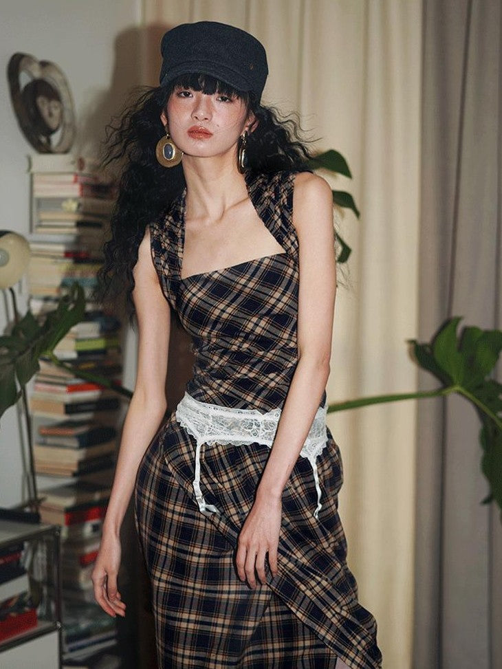 badtaste Western Plaid Tailored Pinch Pleat Asymmetrical Women's Halter Maxi Dresses