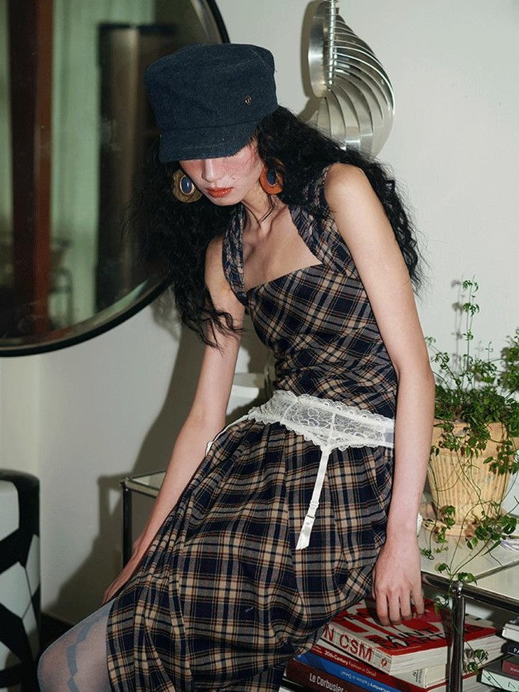 badtaste Western Plaid Tailored Pinch Pleat Asymmetrical Women's Halter Maxi Dresses