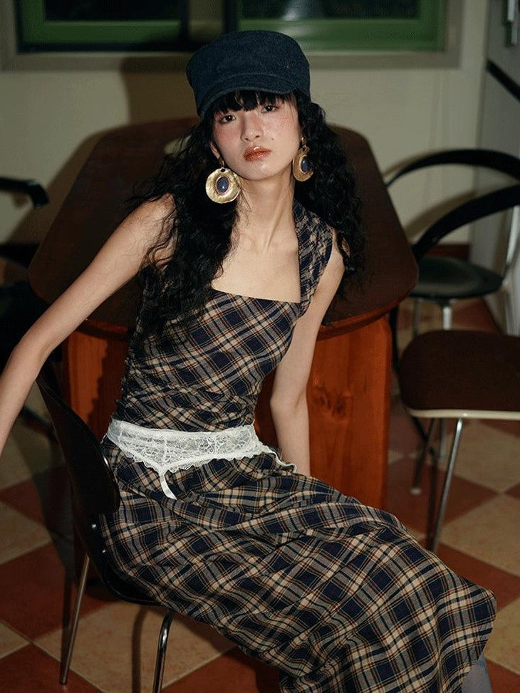 badtaste Western Plaid Tailored Pinch Pleat Asymmetrical Women's Halter Maxi Dresses