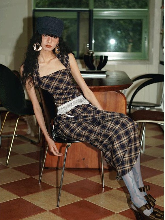 badtaste Western Plaid Tailored Pinch Pleat Asymmetrical Women's Halter Maxi Dresses