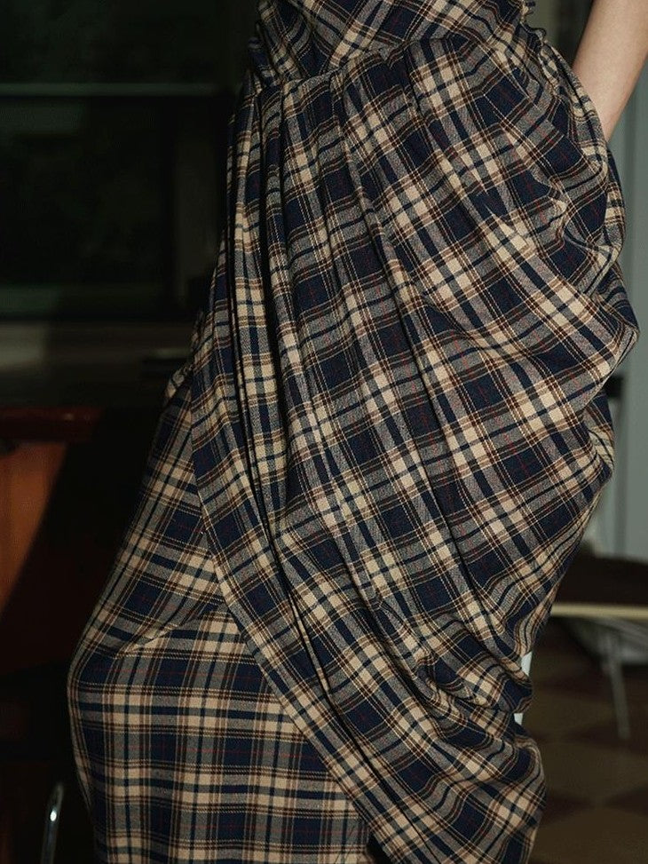 badtaste Western Plaid Tailored Pinch Pleat Asymmetrical Women's Halter Maxi Dresses