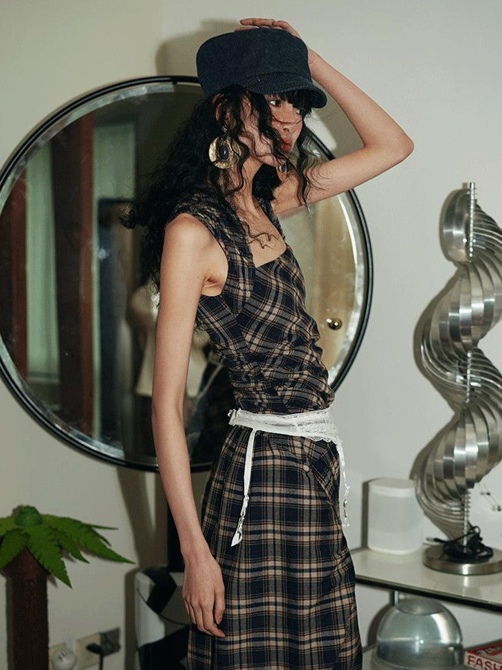 badtaste Western Plaid Tailored Pinch Pleat Asymmetrical Women's Halter Maxi Dresses
