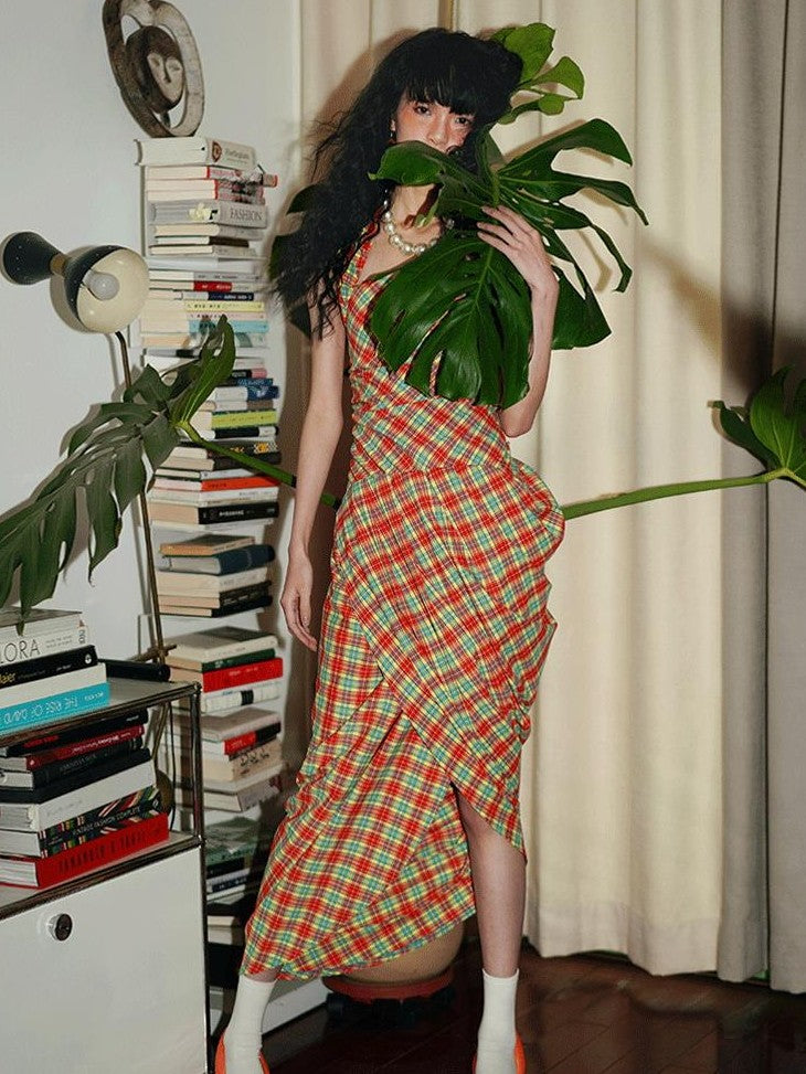 badtaste Western Plaid Tailored Pinch Pleat Asymmetrical Women's Halter Maxi Dresses