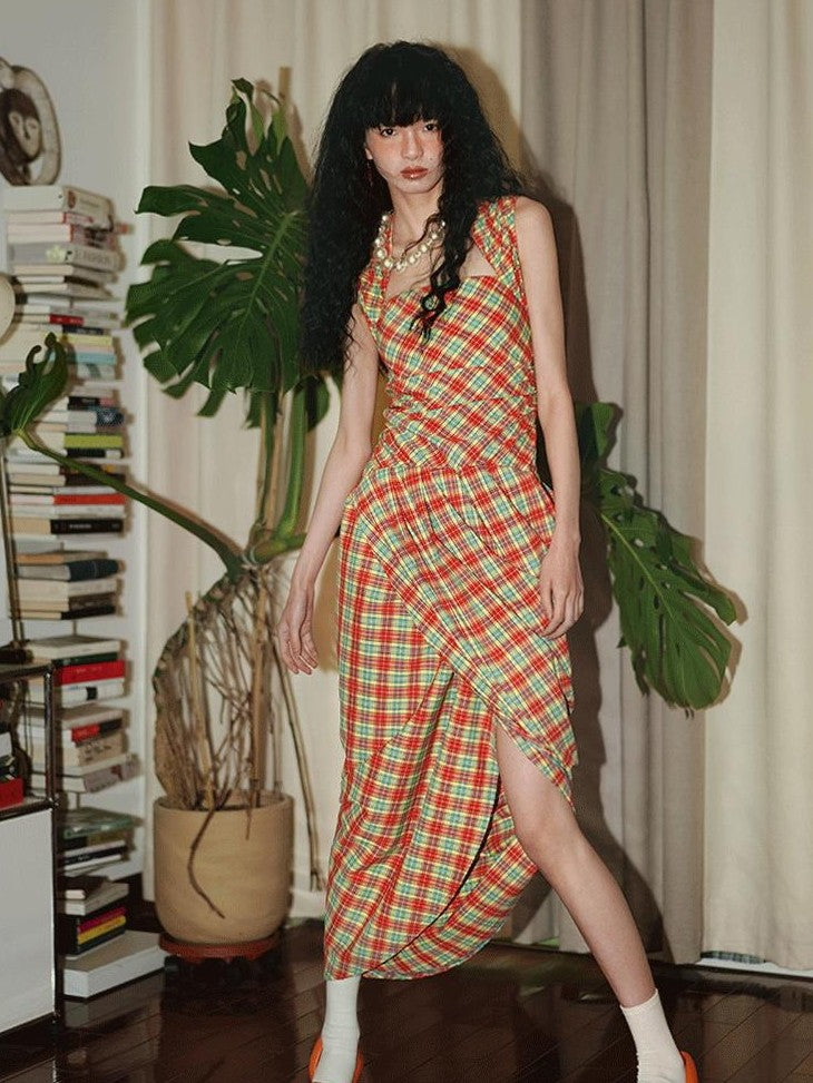 badtaste Western Plaid Tailored Pinch Pleat Asymmetrical Women's Halter Maxi Dresses