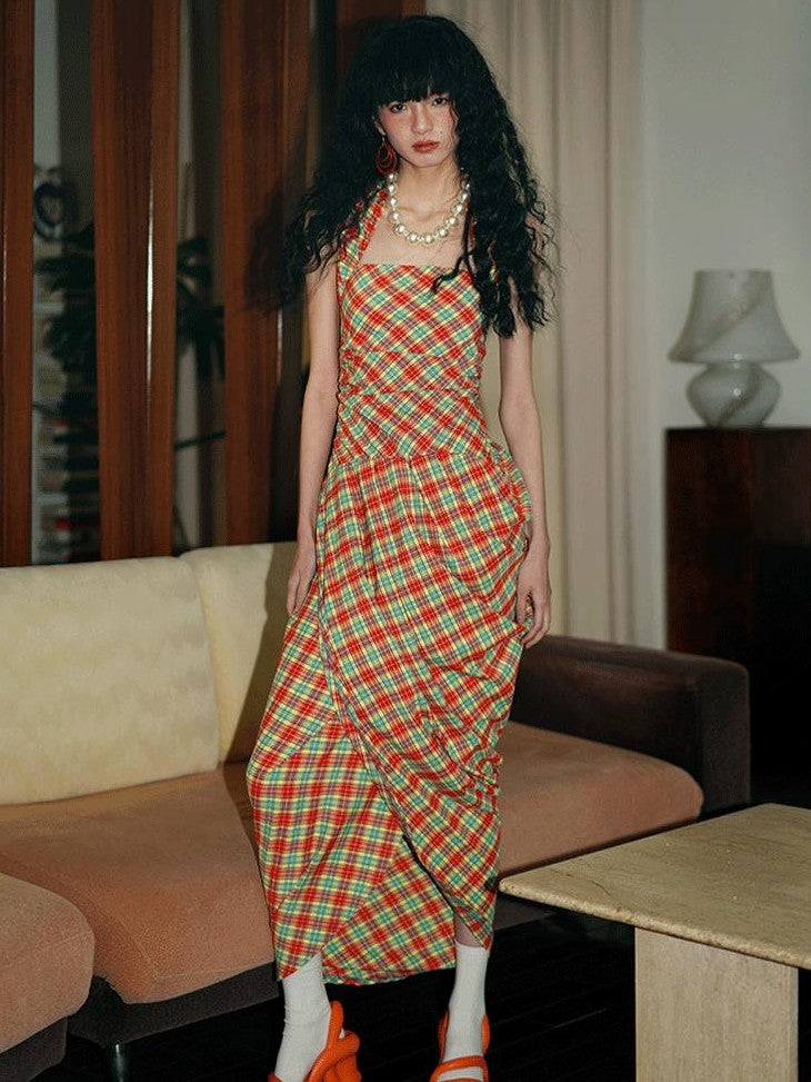 badtaste Western Plaid Tailored Pinch Pleat Asymmetrical Women's Halter Maxi Dresses