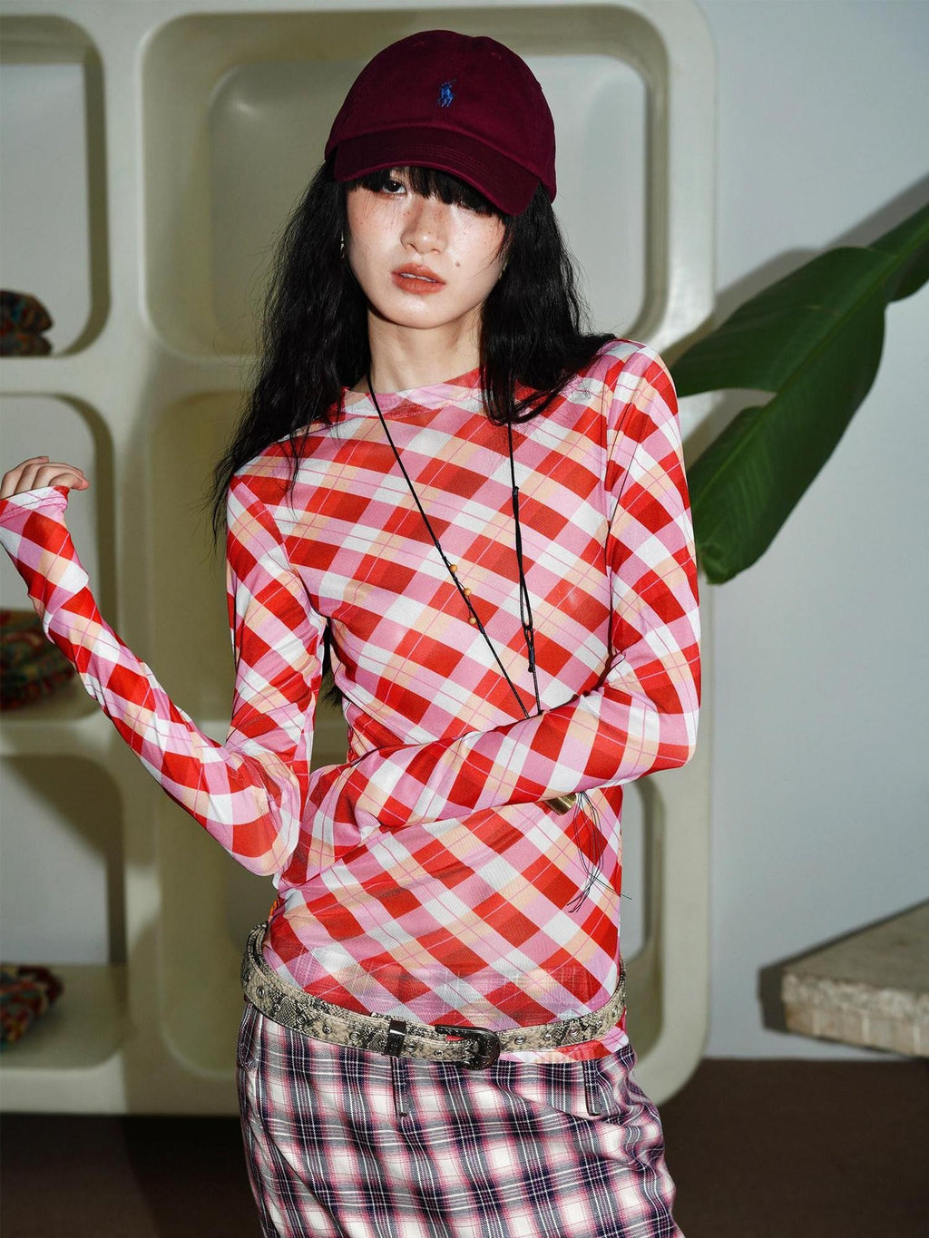 badtaste Western Plaid Two Way Print Mesh Cutout Women's Long Sleeve T-shirts