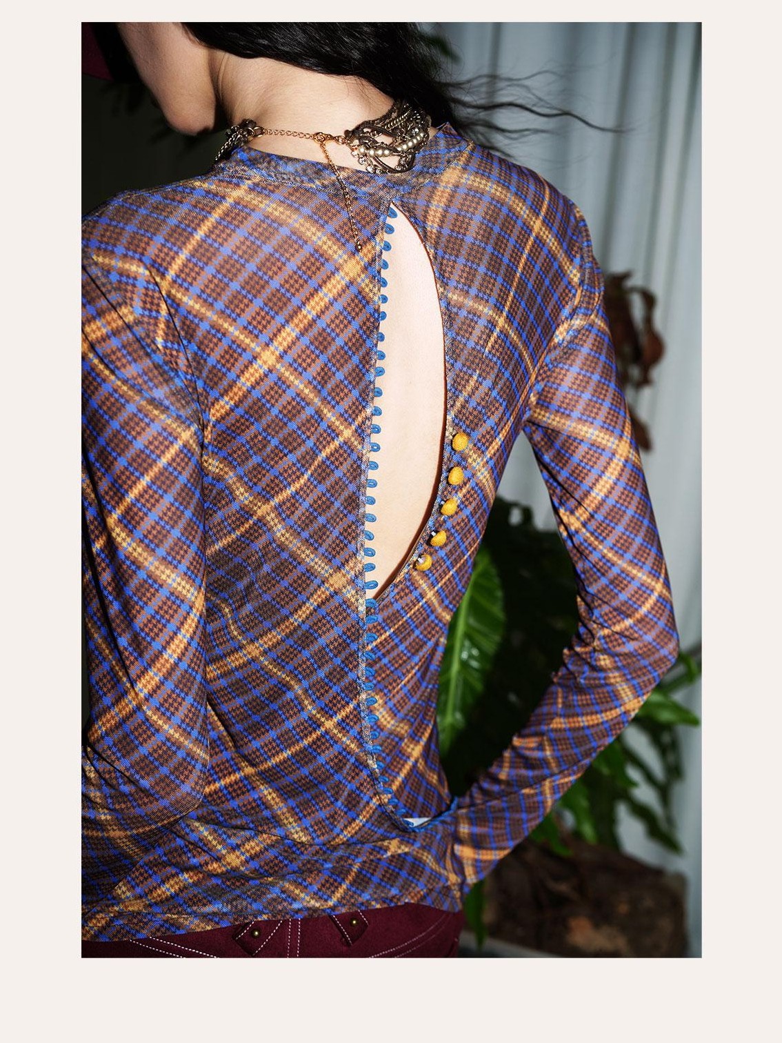 badtaste Western Plaid Two Way Print Mesh Cutout Women's Long Sleeve T-shirts
