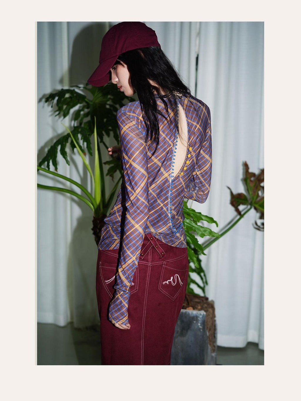 badtaste Western Plaid Two Way Print Mesh Cutout Women's Long Sleeve T-shirts