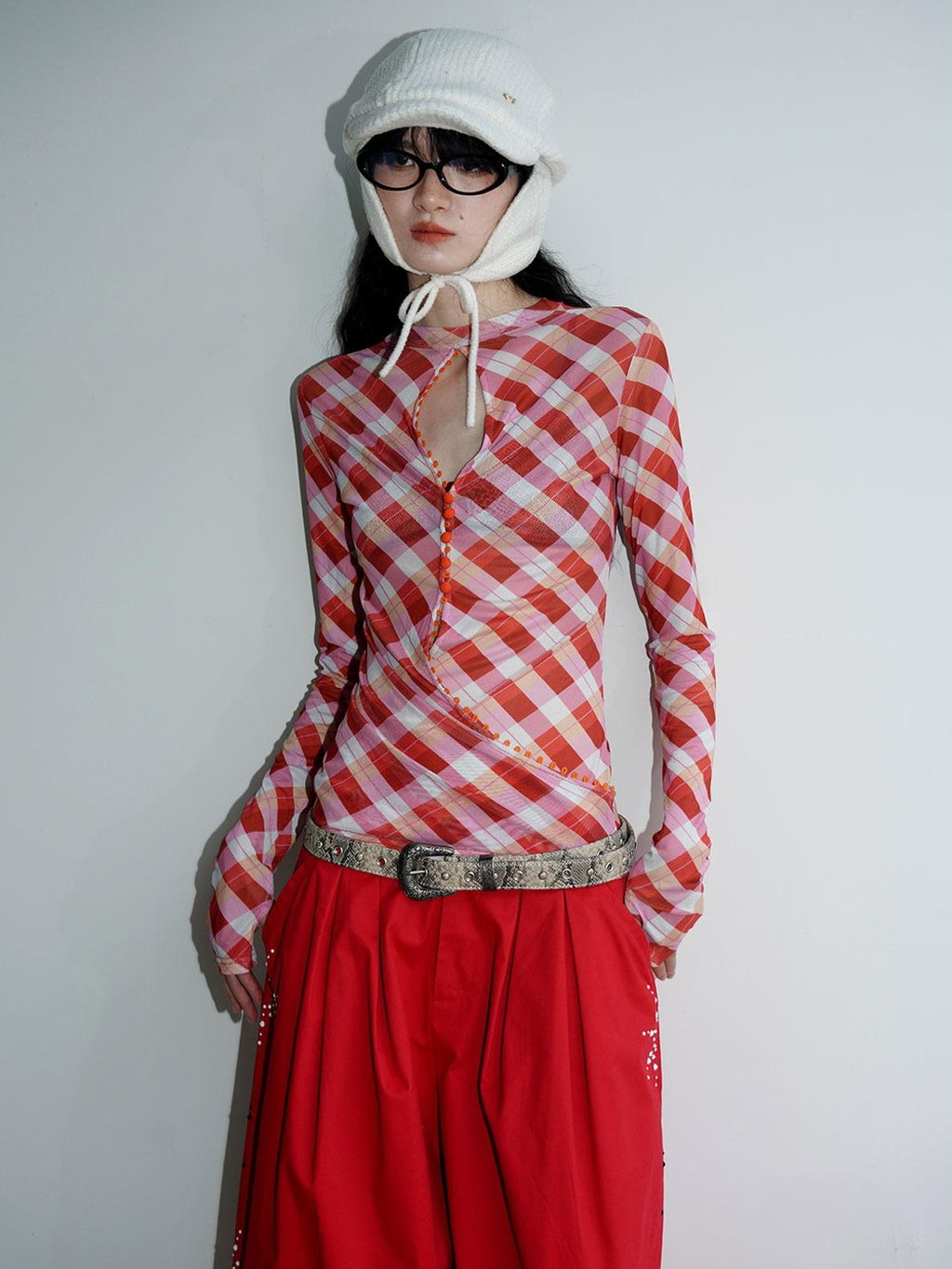 badtaste Western Plaid Two Way Print Mesh Cutout Women's Long Sleeve T-shirts