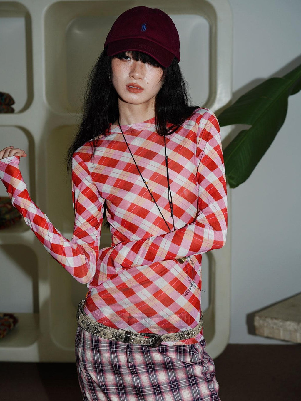 badtaste Western Plaid Two Way Print Mesh Cutout Women's Long Sleeve T-shirts