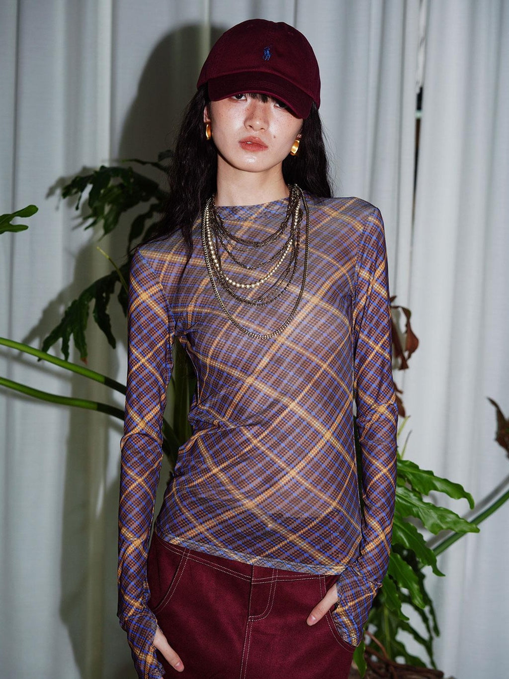 badtaste Western Plaid Two Way Print Mesh Cutout Women's Long Sleeve T-shirts
