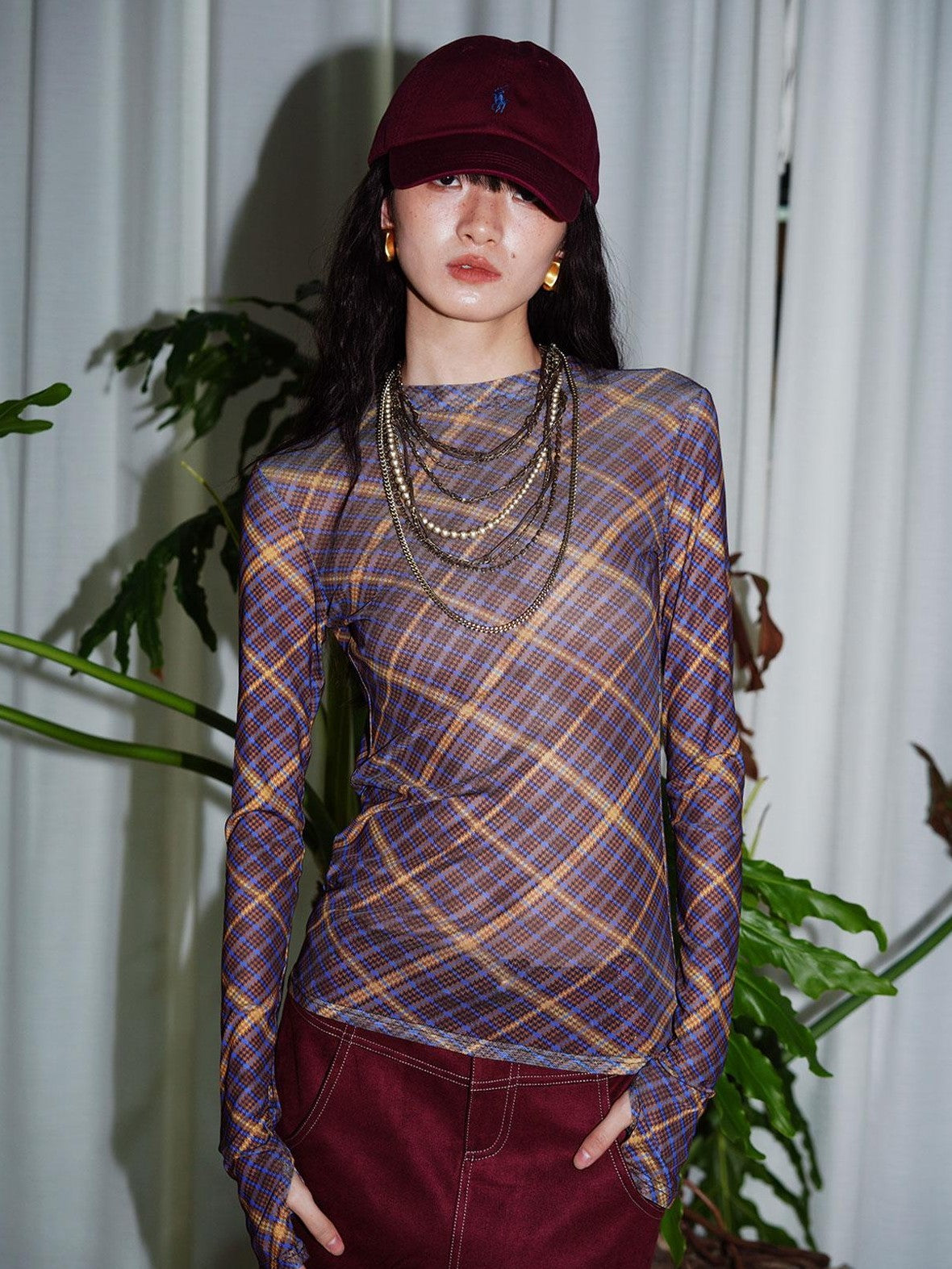 badtaste Western Plaid Two Way Print Mesh Cutout Women's Long Sleeve T-shirts