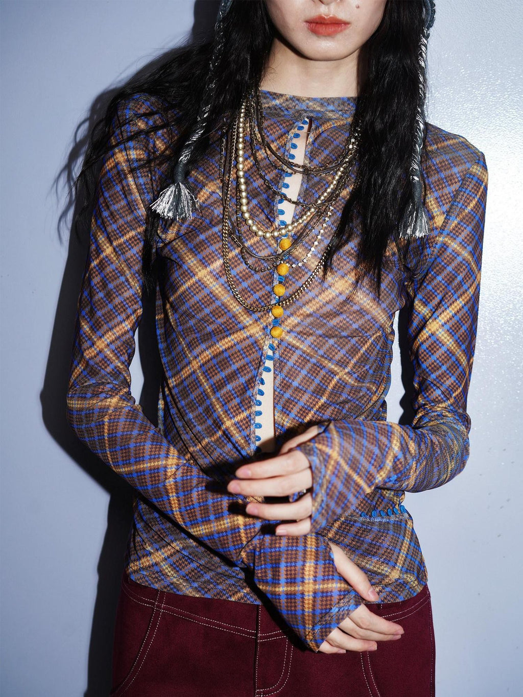 badtaste Western Plaid Two Way Print Mesh Cutout Women's Long Sleeve T-shirts