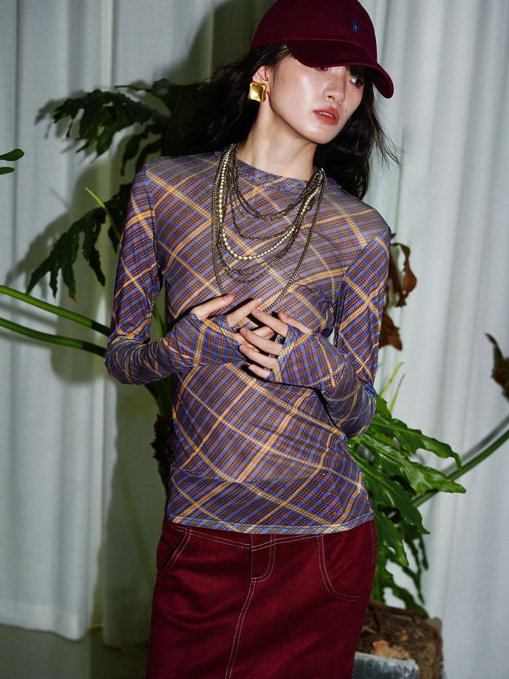 badtaste Western Plaid Two Way Print Mesh Cutout Women's Long Sleeve T-shirts
