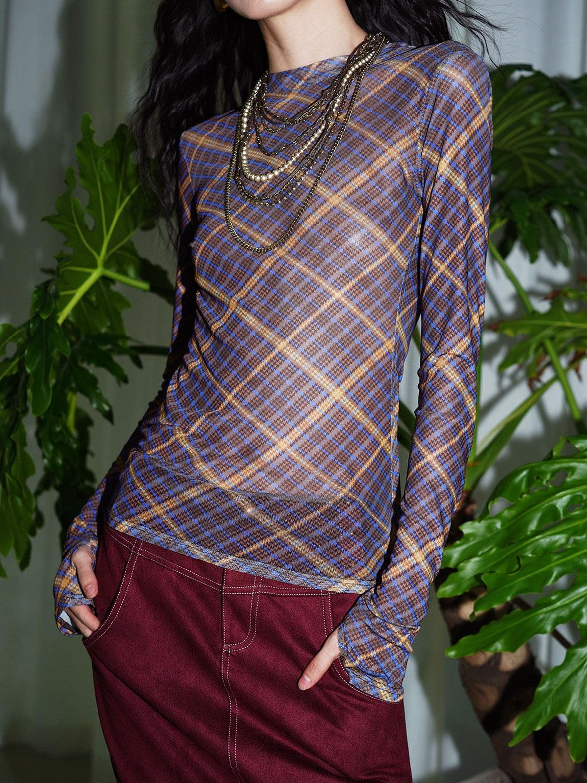 badtaste Western Plaid Two Way Print Mesh Cutout Women's Long Sleeve T-shirts