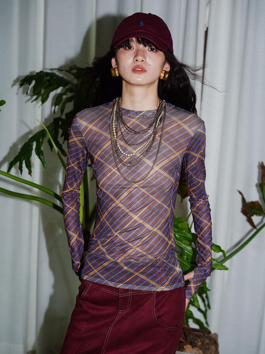 badtaste Western Plaid Two Way Print Mesh Cutout Women's Long Sleeve T-shirts