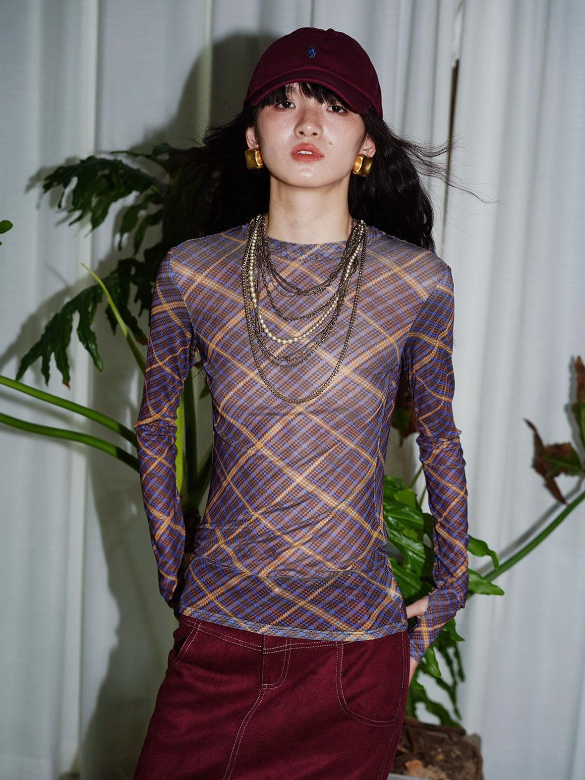 badtaste Western Plaid Two Way Print Mesh Cutout Women's Long Sleeve T-shirts