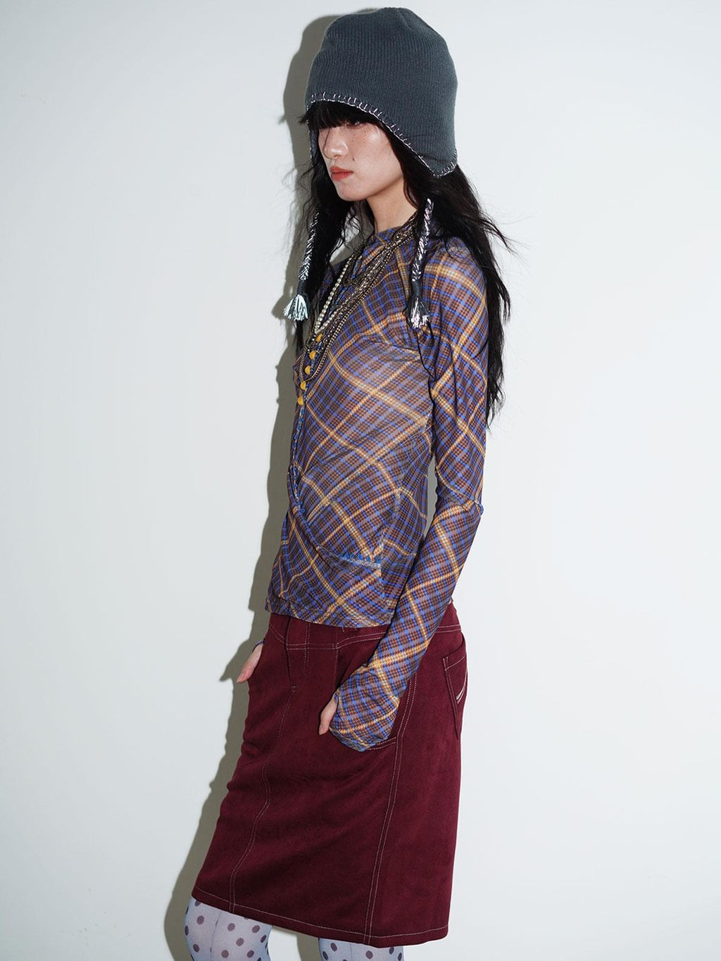 badtaste Western Plaid Two Way Print Mesh Cutout Women's Long Sleeve T-shirts