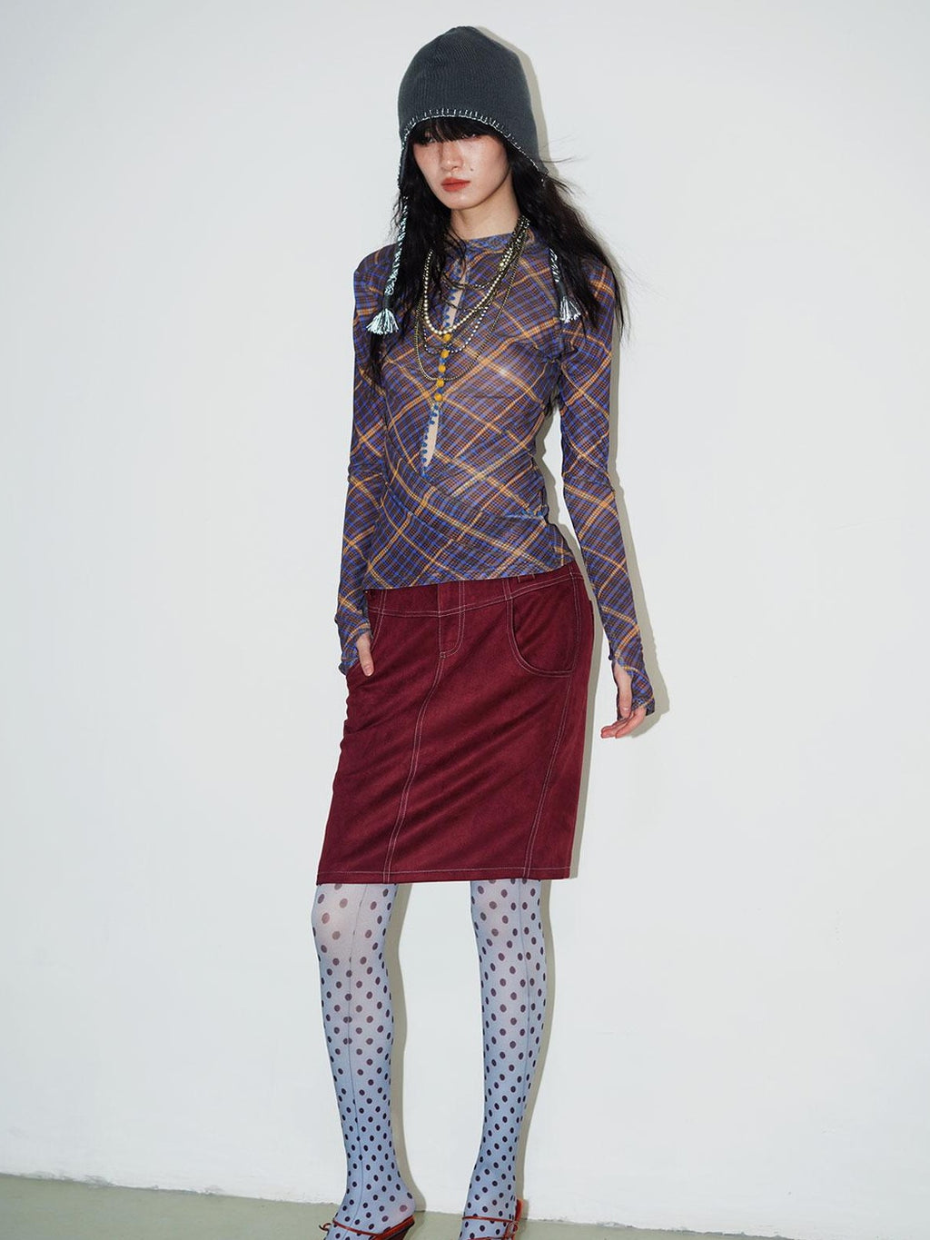 badtaste Western Plaid Two Way Print Mesh Cutout Women's Long Sleeve T-shirts