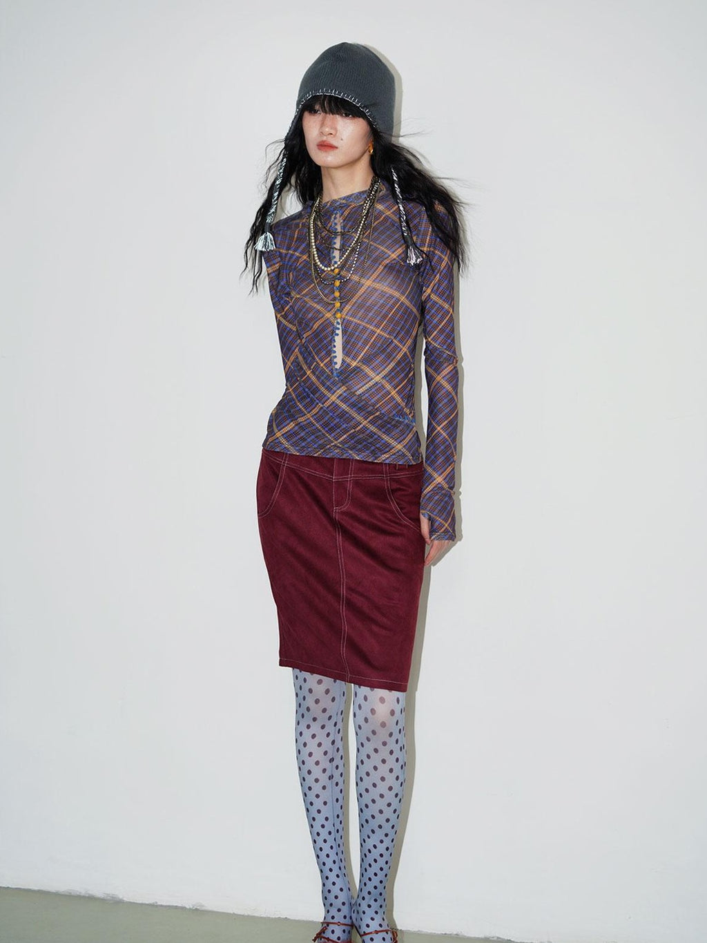 badtaste Western Plaid Two Way Print Mesh Cutout Women's Long Sleeve T-shirts