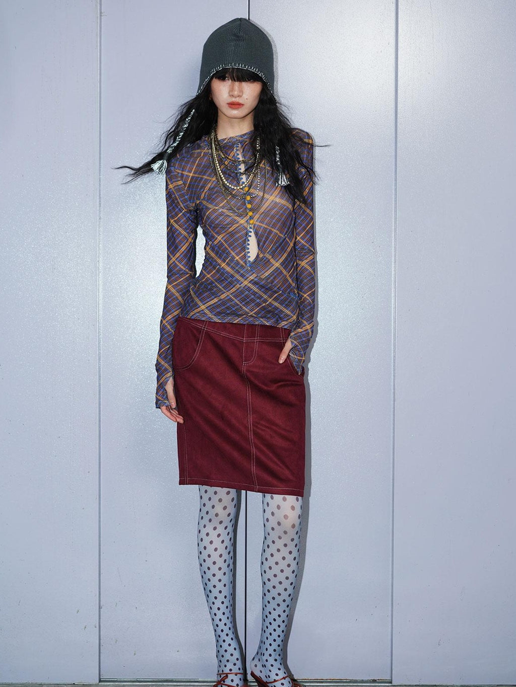 badtaste Western Plaid Two Way Print Mesh Cutout Women's Long Sleeve T-shirts