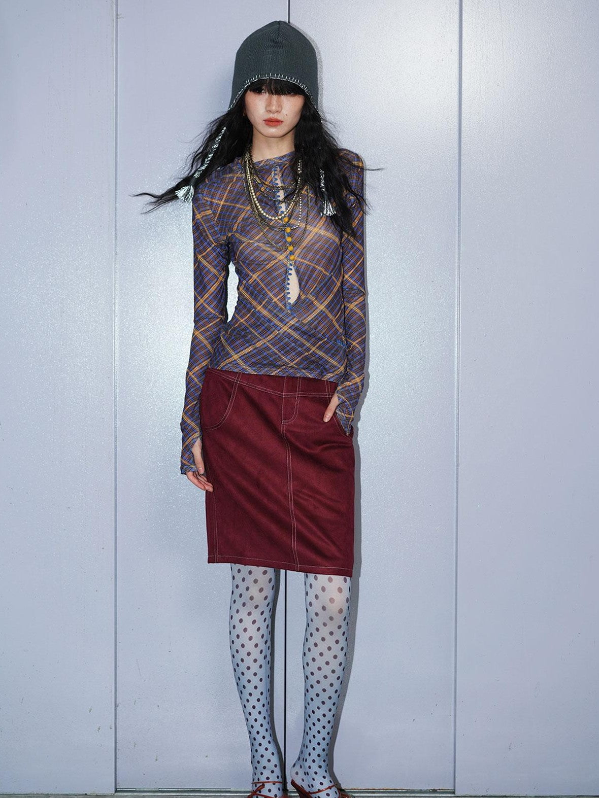 badtaste Western Plaid Two Way Print Mesh Cutout Women's Long Sleeve T-shirts