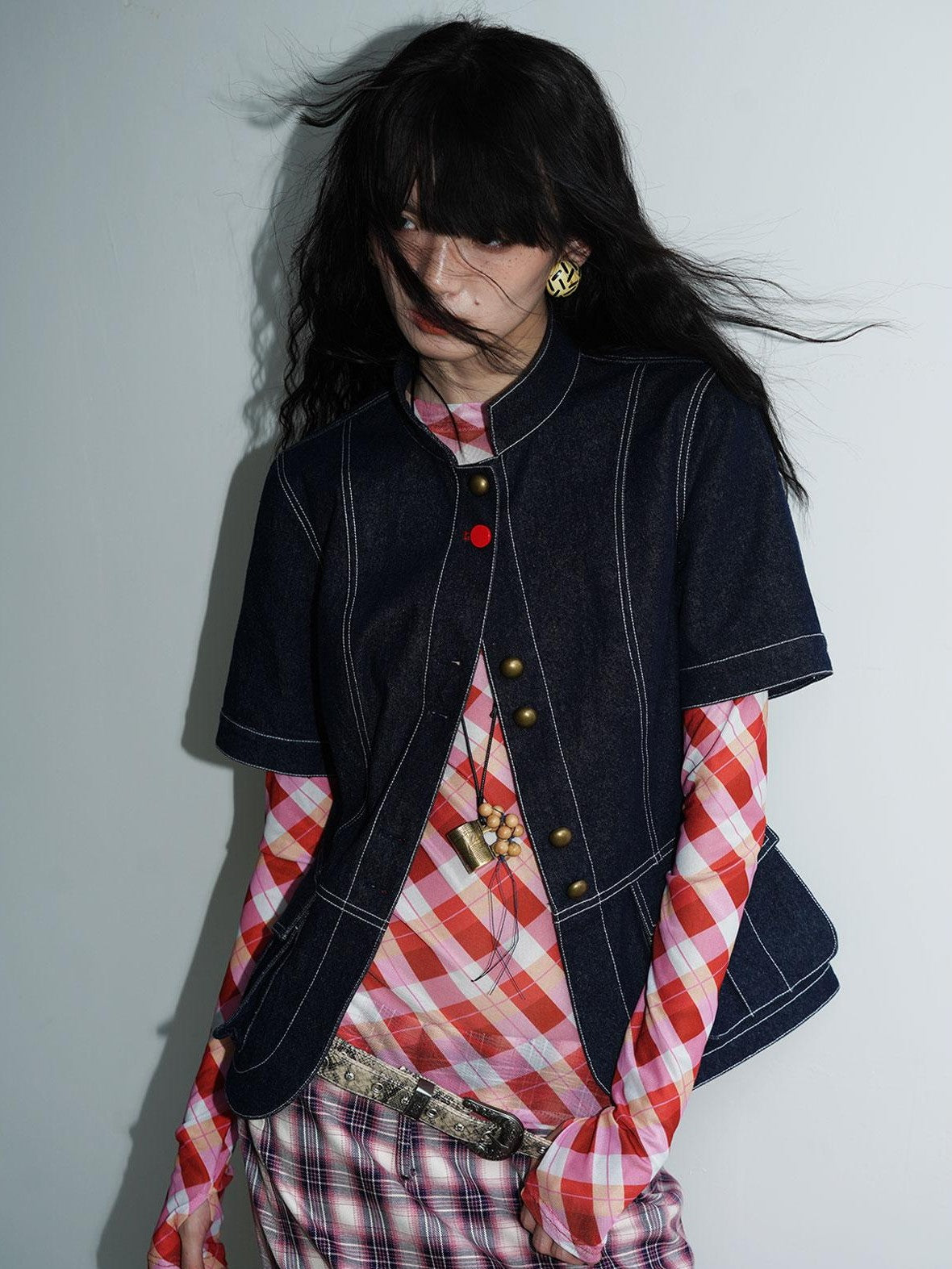 badtaste Western Plaid Two Way Print Mesh Cutout Women's Long Sleeve T-shirts