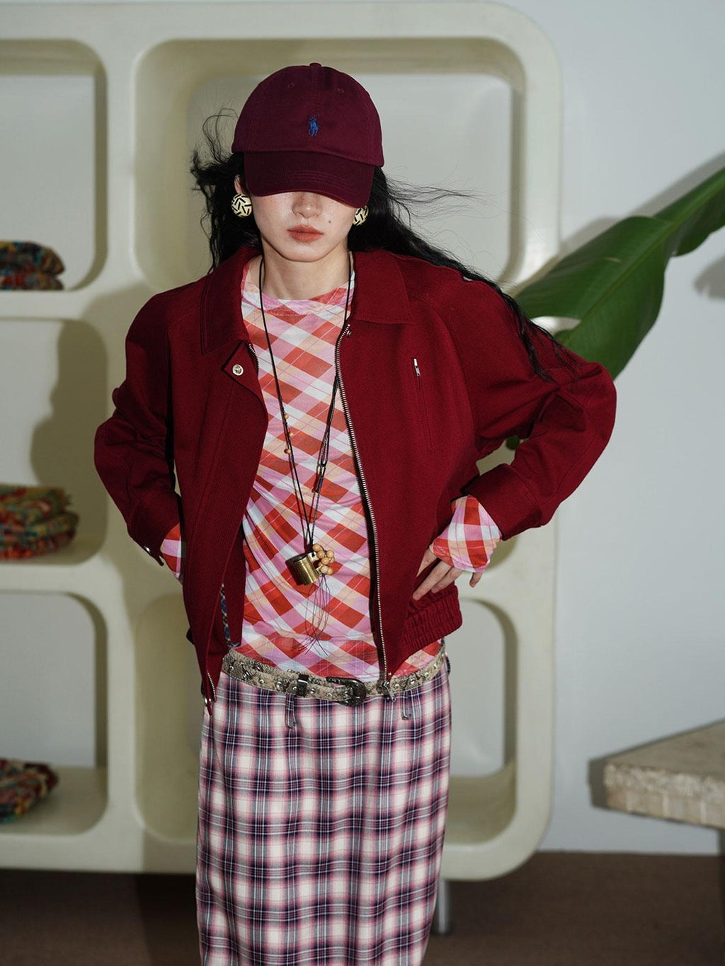 badtaste Western Plaid Two Way Print Mesh Cutout Women's Long Sleeve T-shirts