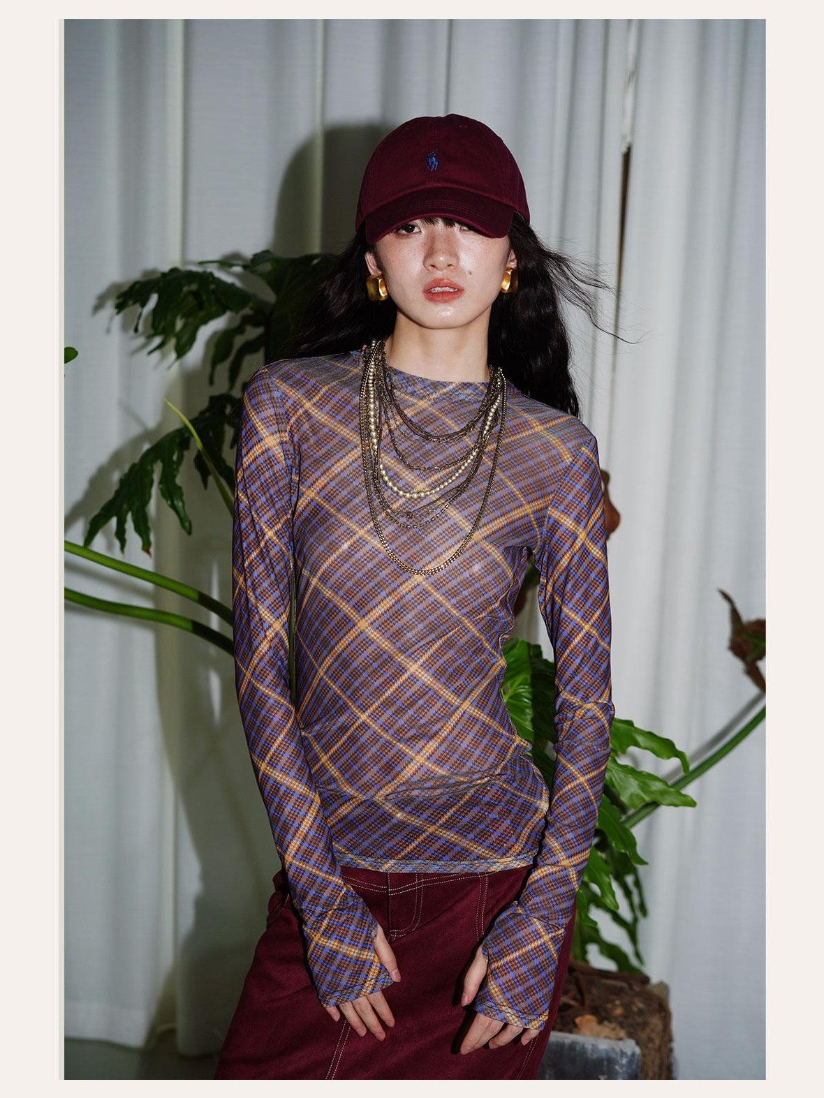 badtaste Western Plaid Two Way Print Mesh Cutout Women's Long Sleeve T-shirts