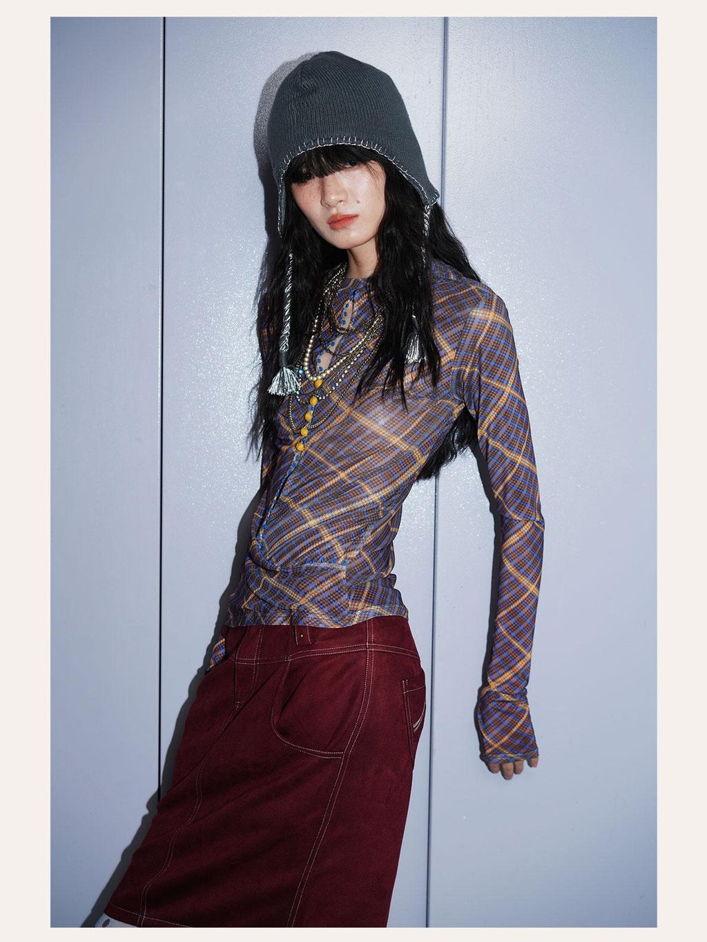 badtaste Western Plaid Two Way Print Mesh Cutout Women's Long Sleeve T-shirts
