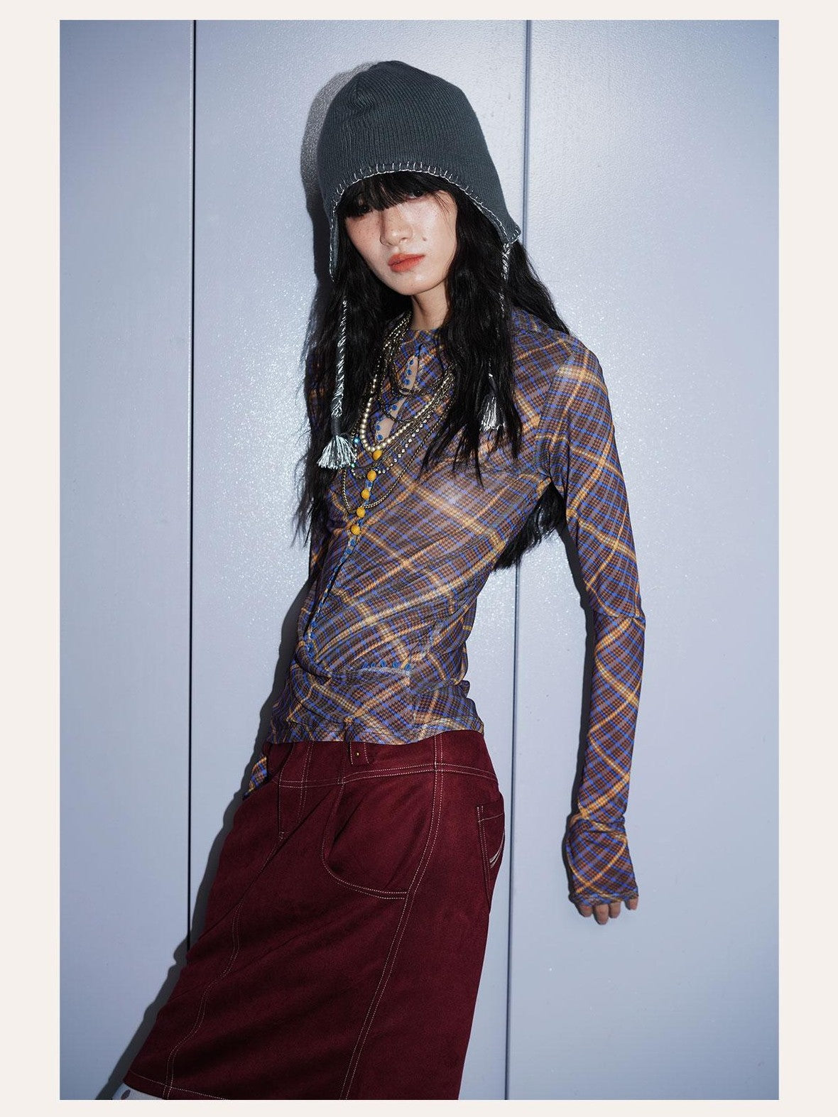 badtaste Western Plaid Two Way Print Mesh Cutout Women's Long Sleeve T-shirts