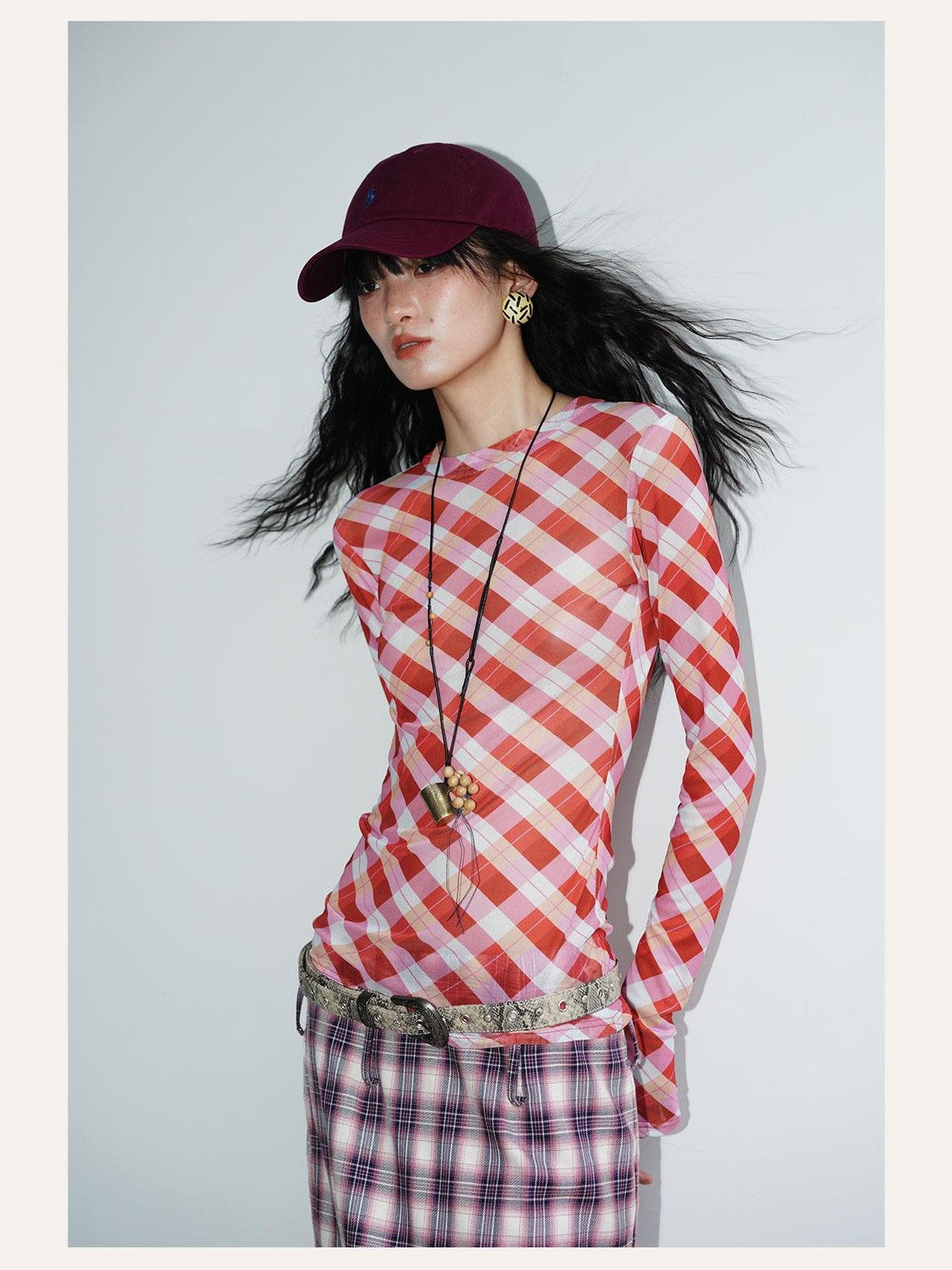 badtaste Western Plaid Two Way Print Mesh Cutout Women's Long Sleeve T-shirts