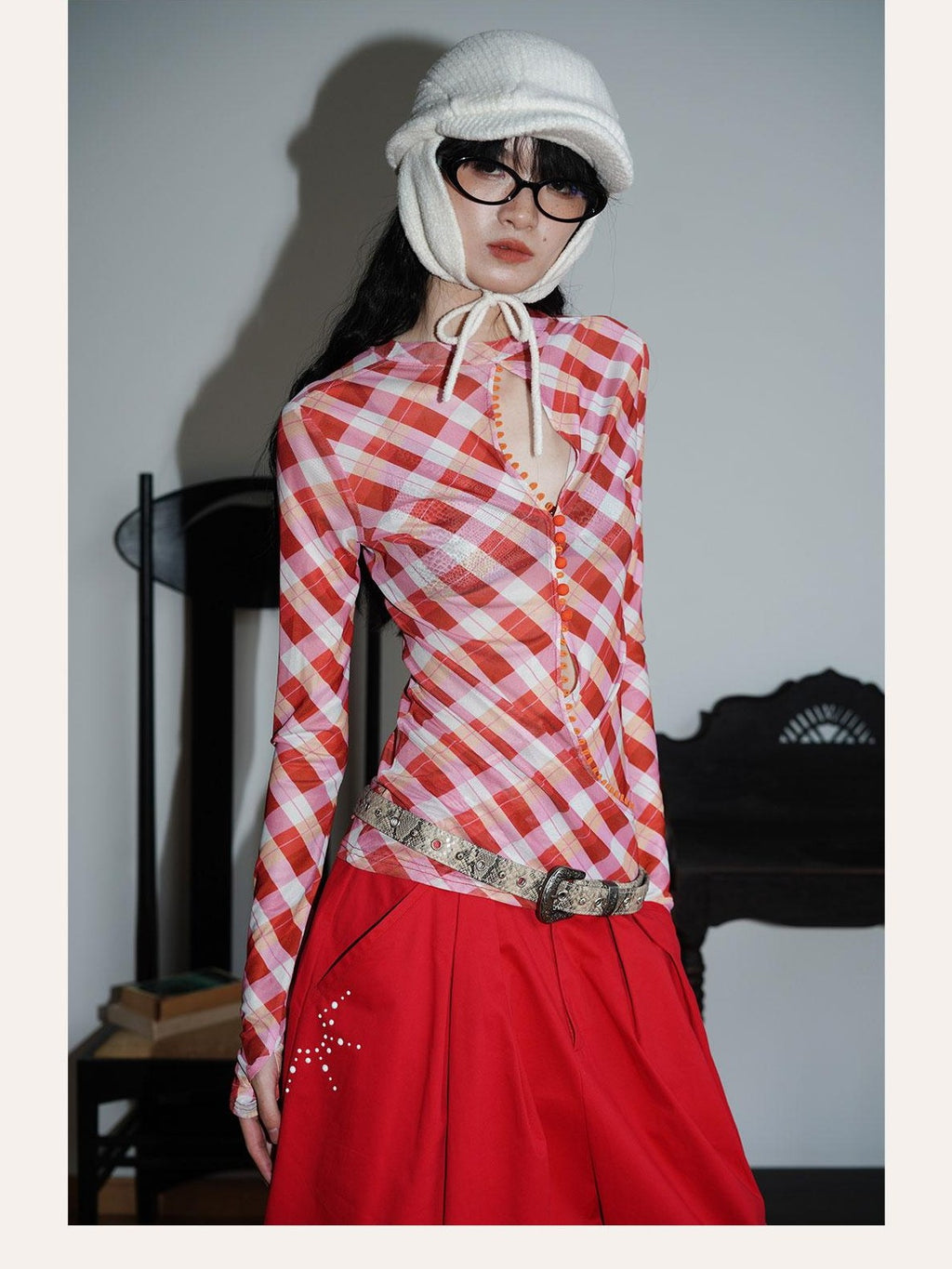 badtaste Western Plaid Two Way Print Mesh Cutout Women's Long Sleeve T-shirts