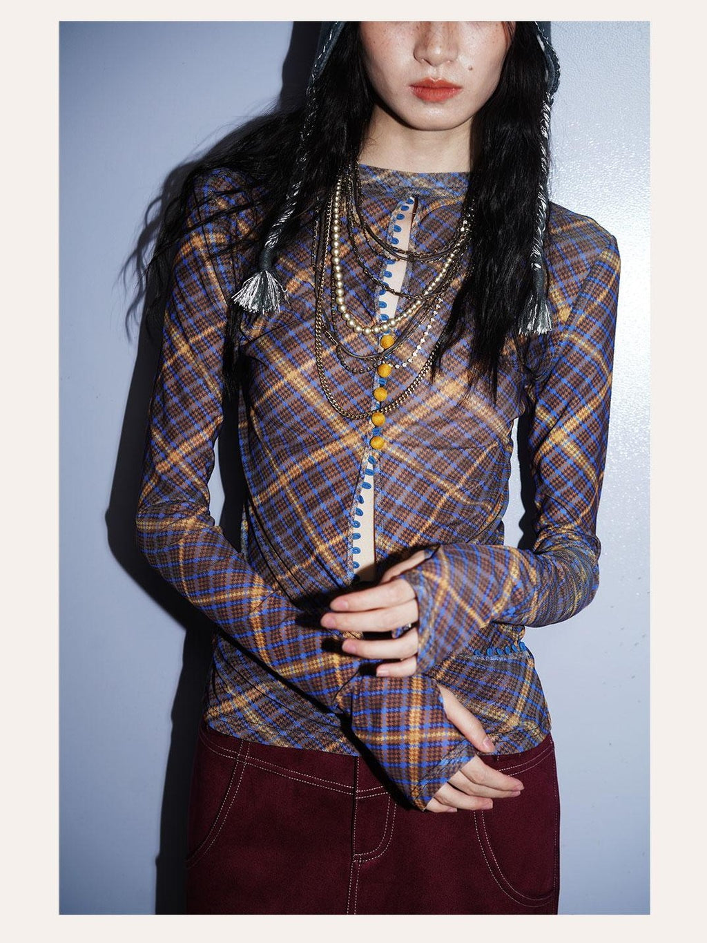 badtaste Western Plaid Two Way Print Mesh Cutout Women's Long Sleeve T-shirts