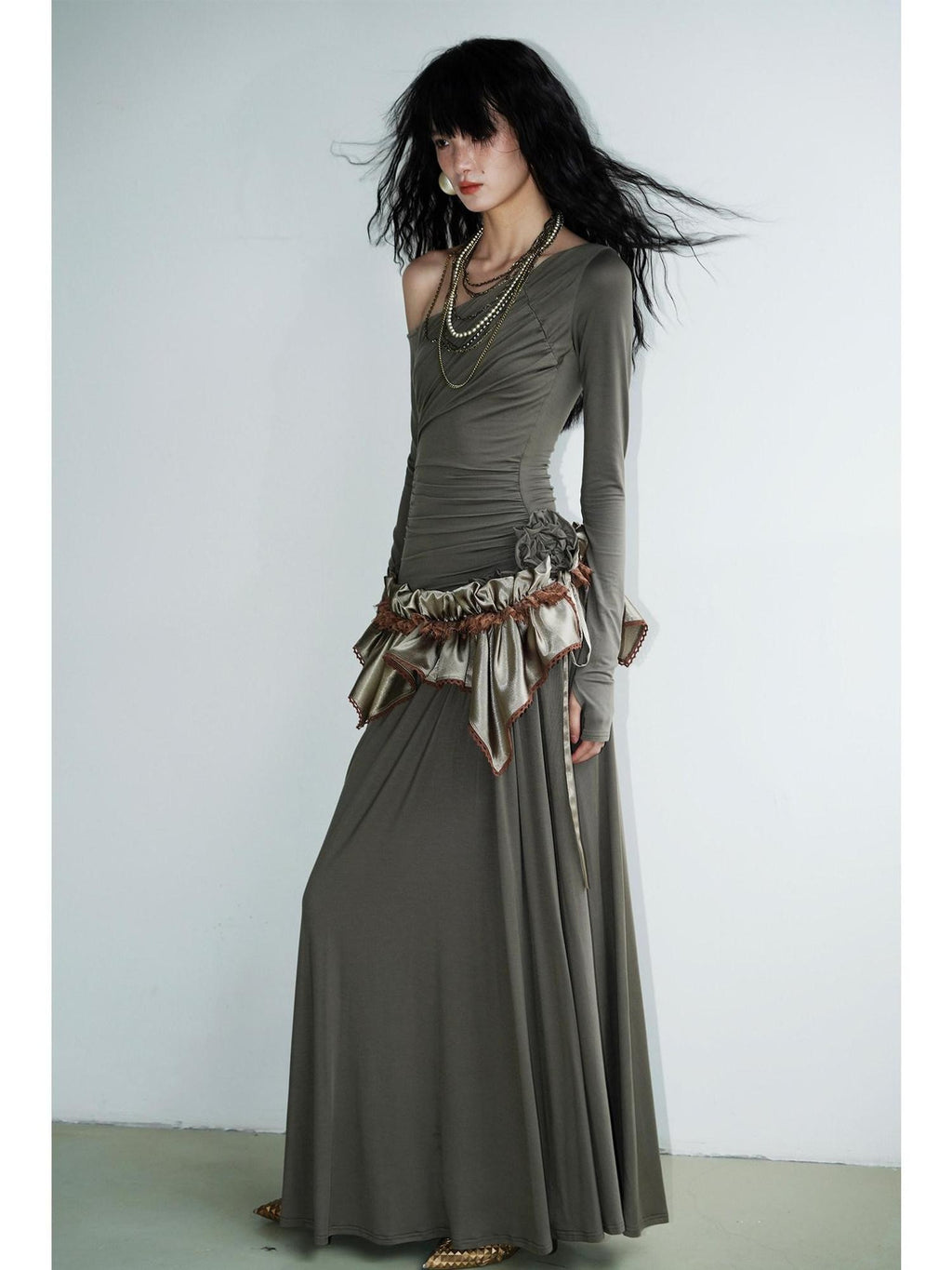 badtaste Western Pleated One Shoulder Removable Knot Women's Lyocell Casual Maxi Dresses