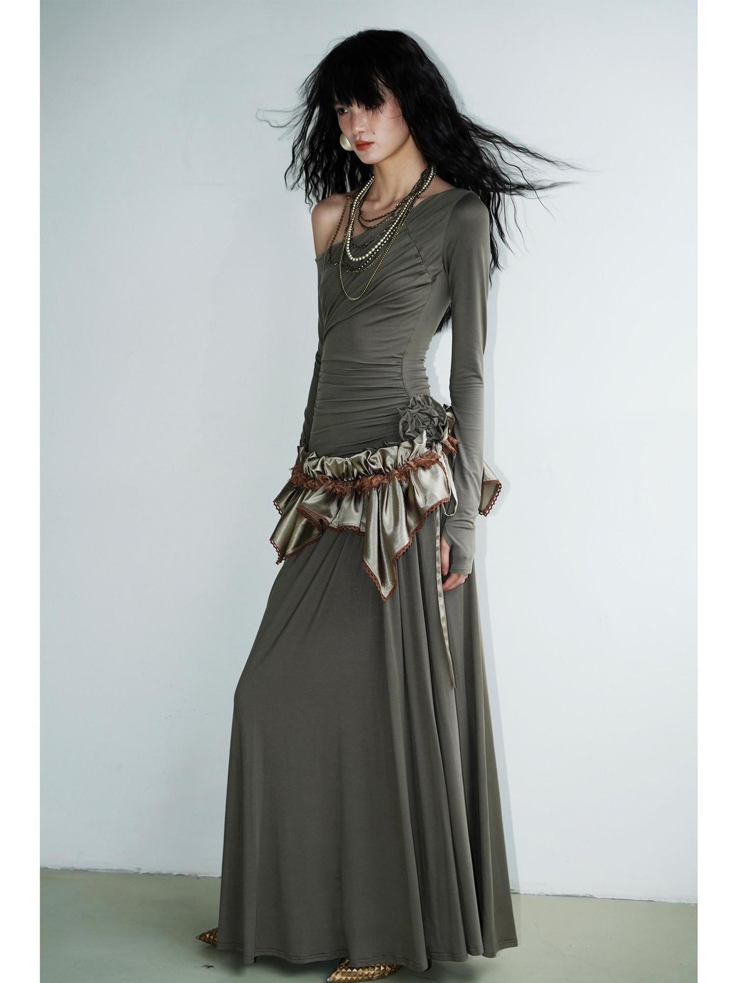 badtaste Western Pleated One Shoulder Removable Knot Women's Lyocell Casual Maxi Dresses