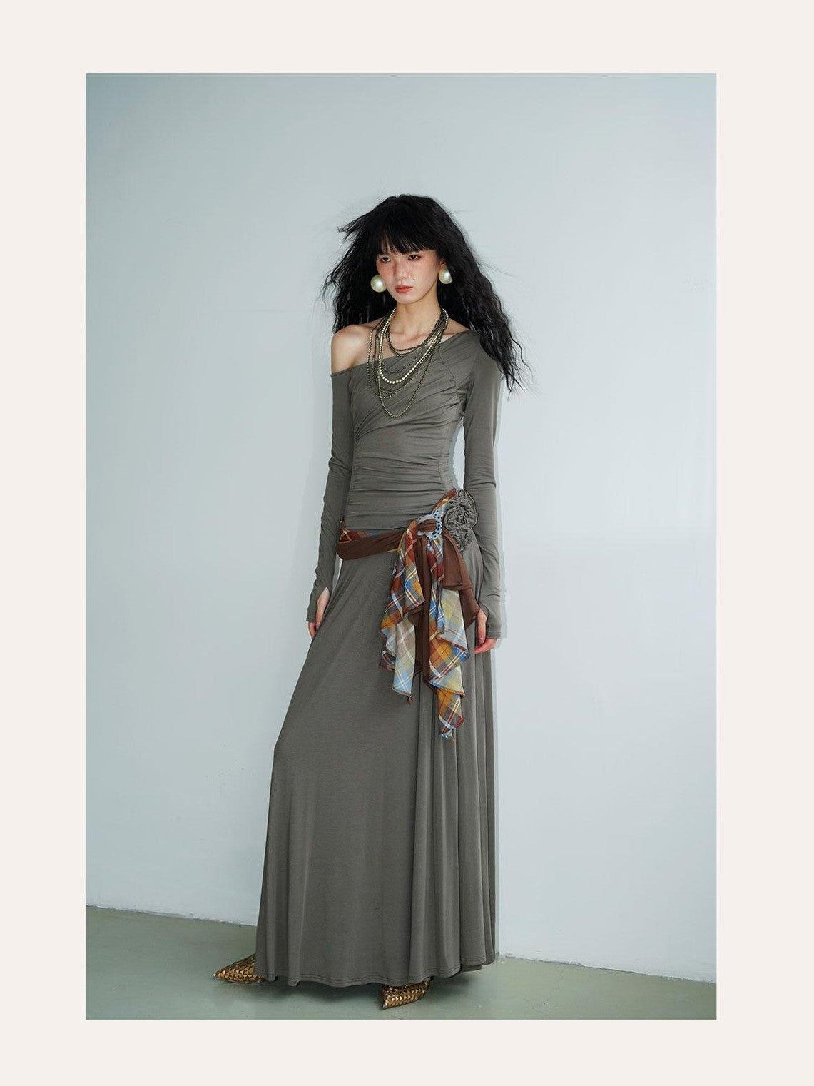 badtaste Western Pleated One Shoulder Removable Knot Women's Lyocell Casual Maxi Dresses