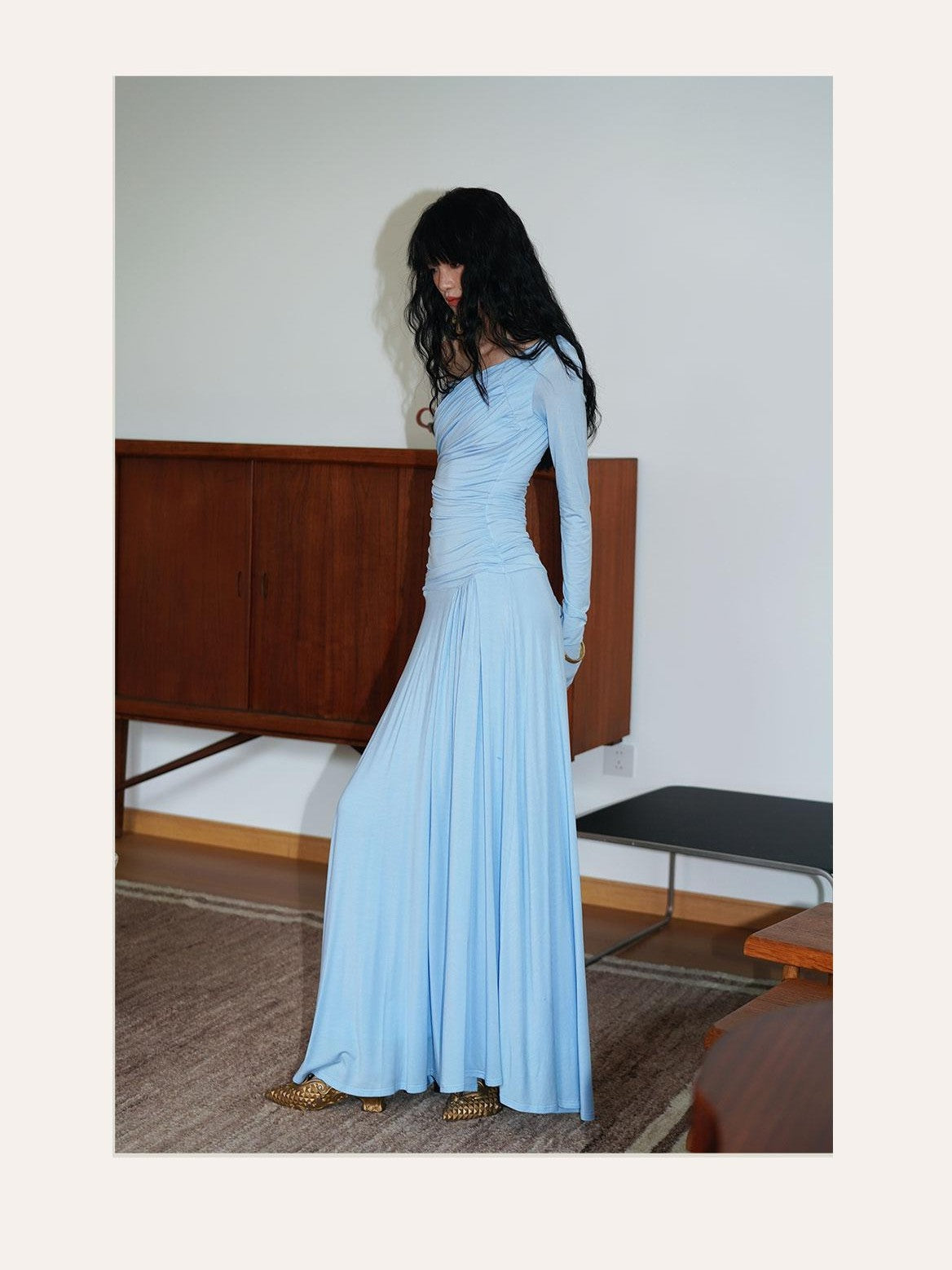 badtaste Western Pleated One Shoulder Removable Knot Women's Lyocell Casual Maxi Dresses
