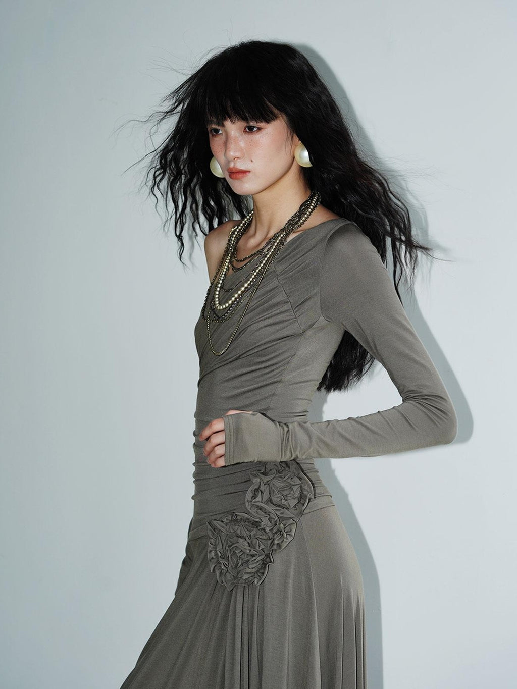 badtaste Western Pleated One Shoulder Removable Knot Women's Lyocell Casual Maxi Dresses