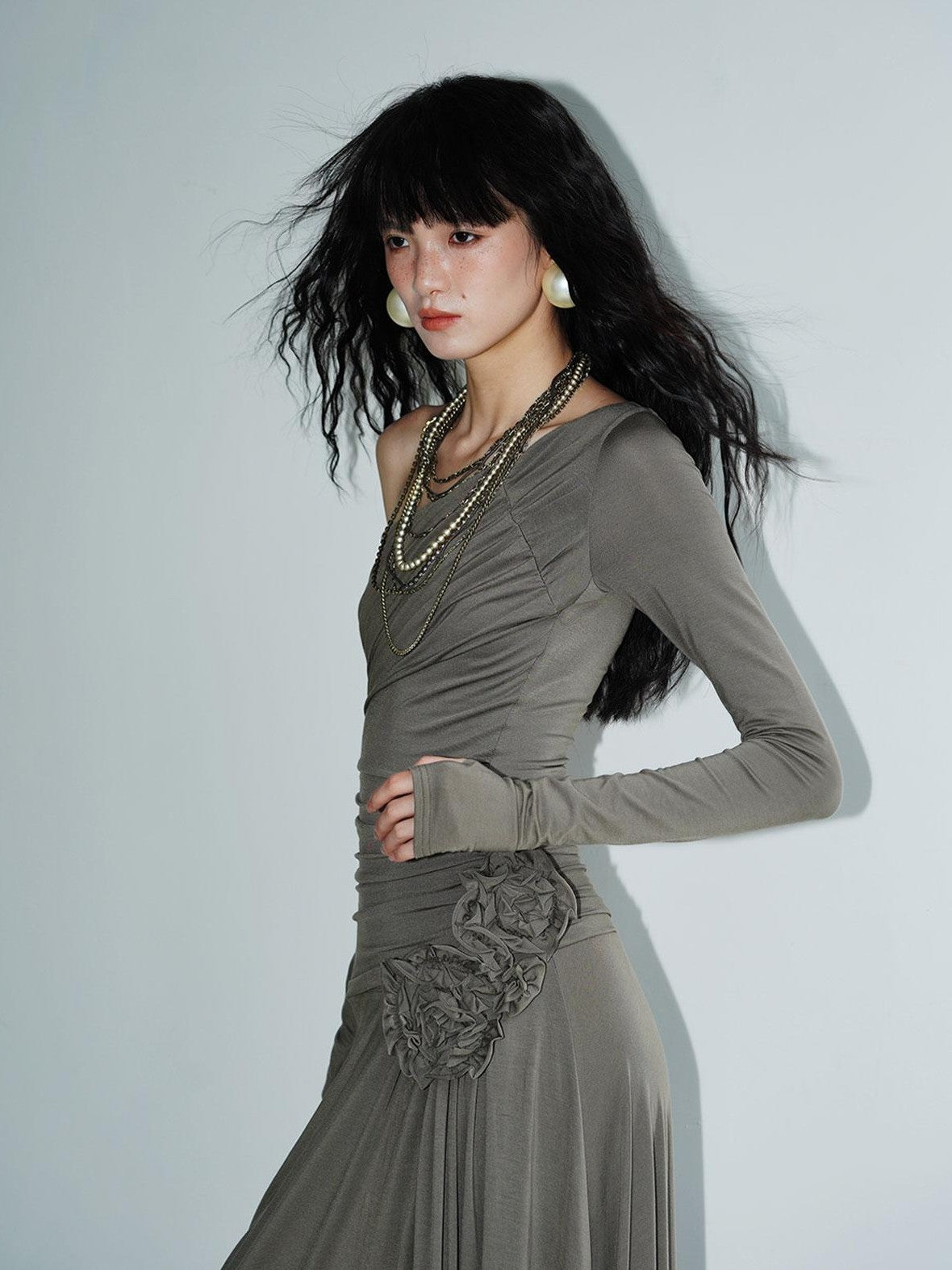 badtaste Western Pleated One Shoulder Removable Knot Women's Lyocell Casual Maxi Dresses