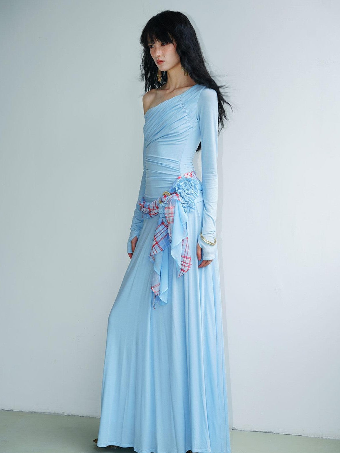 badtaste Western Pleated One Shoulder Removable Knot Women's Lyocell Casual Maxi Dresses