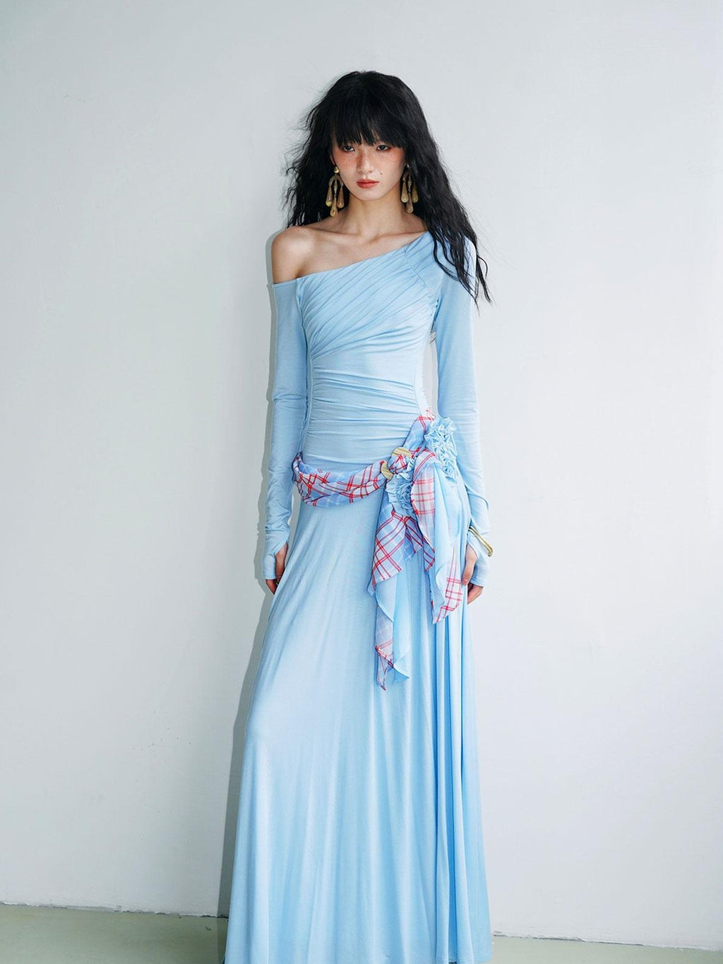 badtaste Western Pleated One Shoulder Removable Knot Women's Lyocell Casual Maxi Dresses