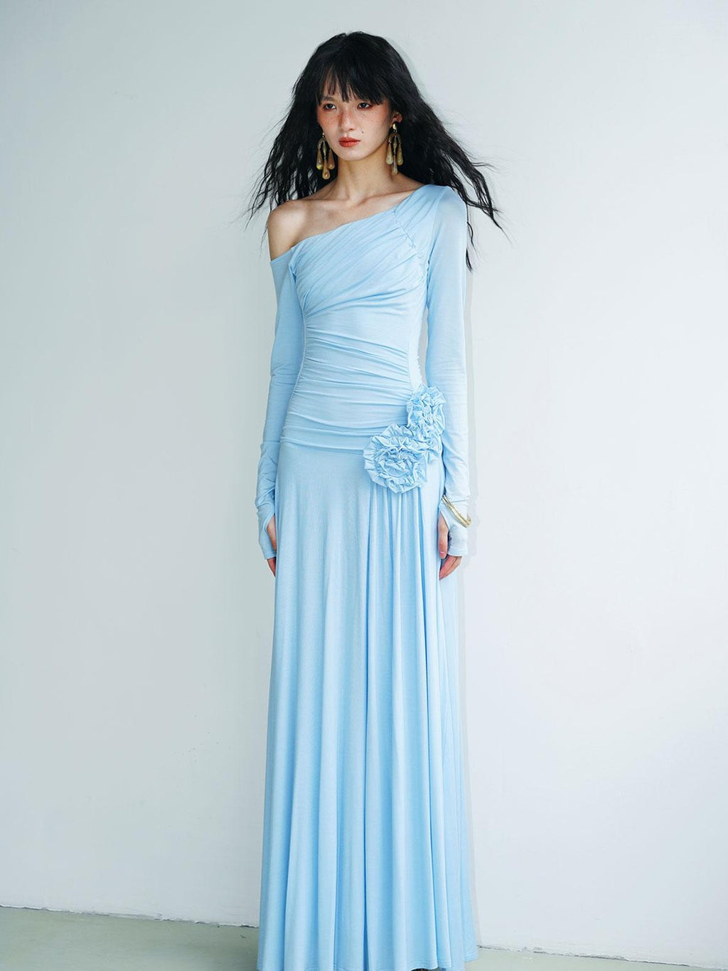 badtaste Western Pleated One Shoulder Removable Knot Women's Lyocell Casual Maxi Dresses