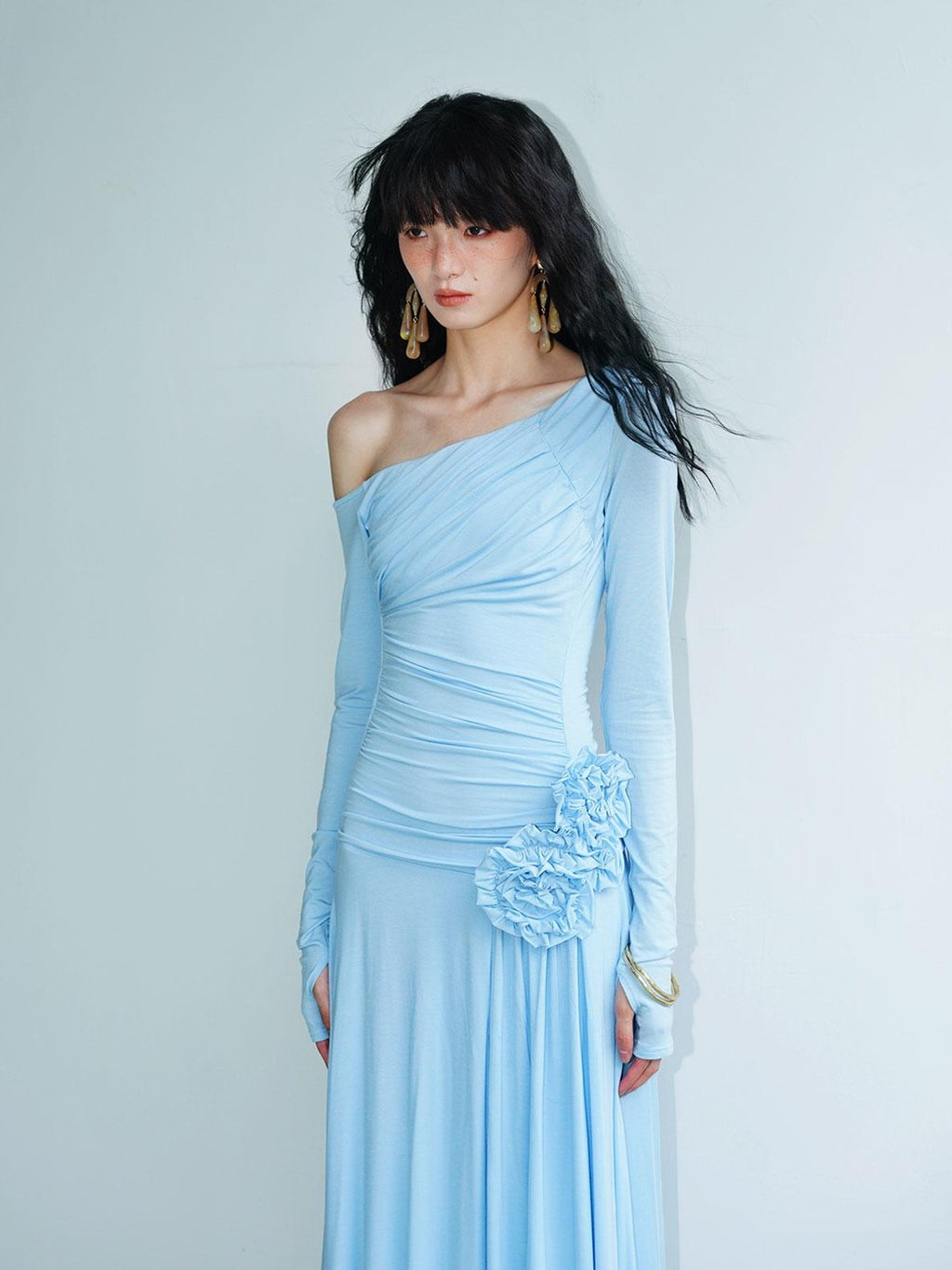badtaste Western Pleated One Shoulder Removable Knot Women's Lyocell Casual Maxi Dresses