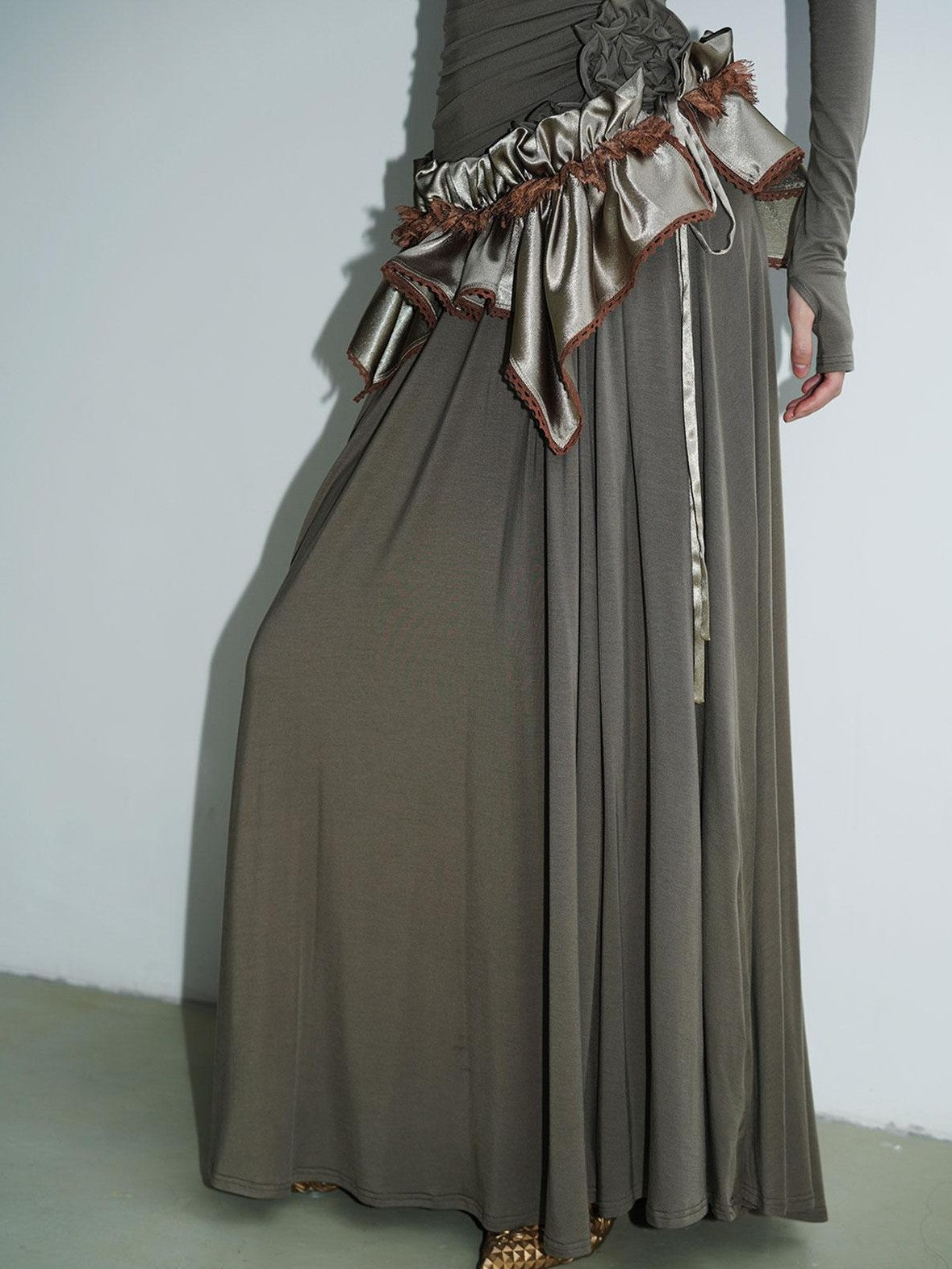 badtaste Western Pleated One Shoulder Removable Knot Women's Lyocell Casual Maxi Dresses