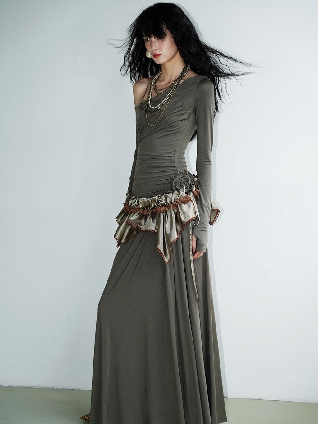 badtaste Western Pleated One Shoulder Removable Knot Women's Lyocell Casual Maxi Dresses