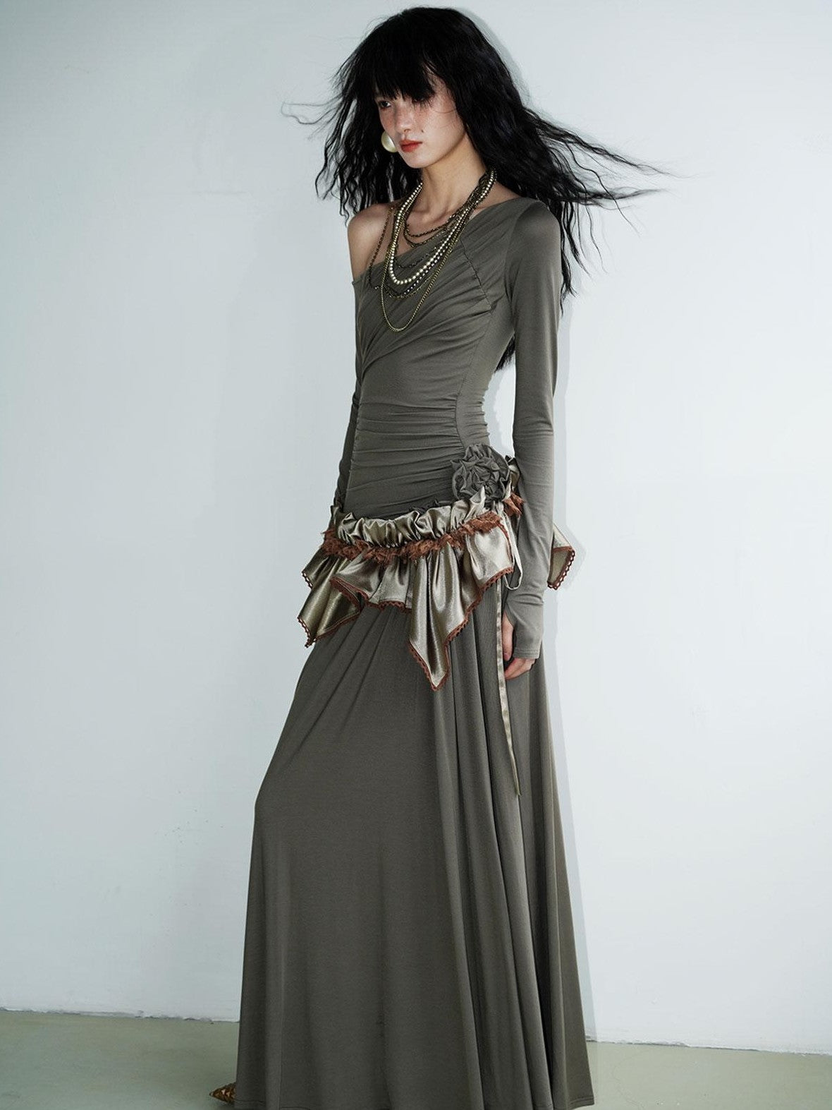 badtaste Western Pleated One Shoulder Removable Knot Women's Lyocell Casual Maxi Dresses