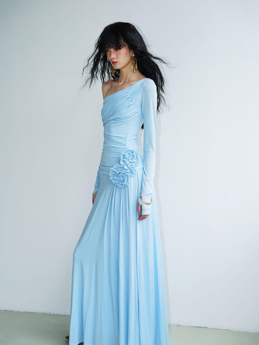 badtaste Western Pleated One Shoulder Removable Knot Women's Lyocell Casual Maxi Dresses