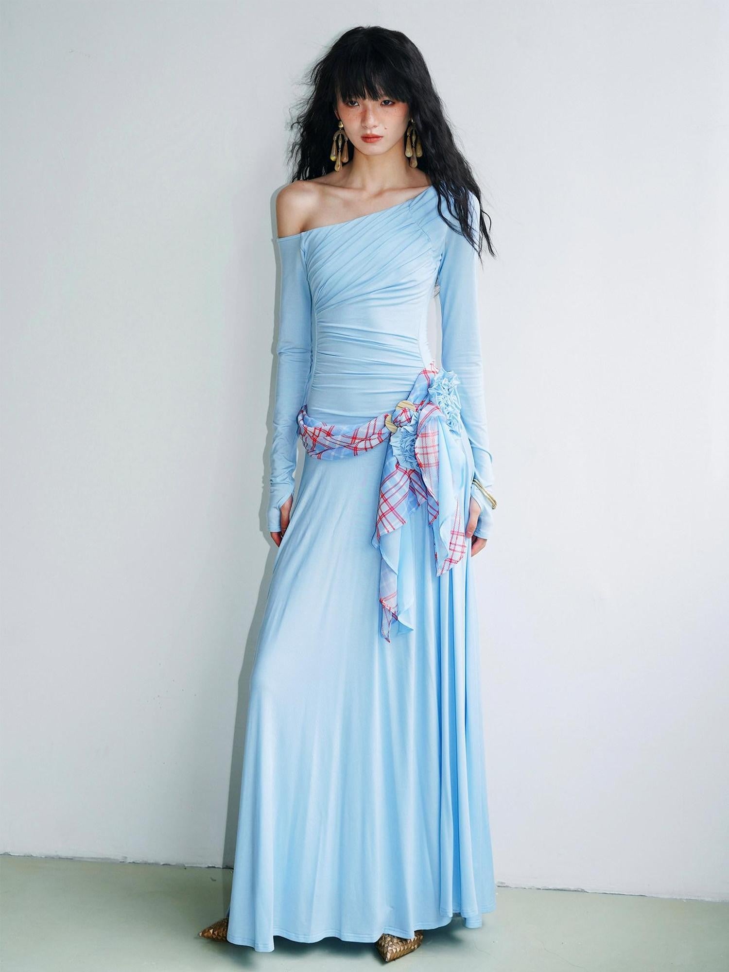 badtaste Western Pleated One Shoulder Removable Knot Women's Lyocell Casual Maxi Dresses