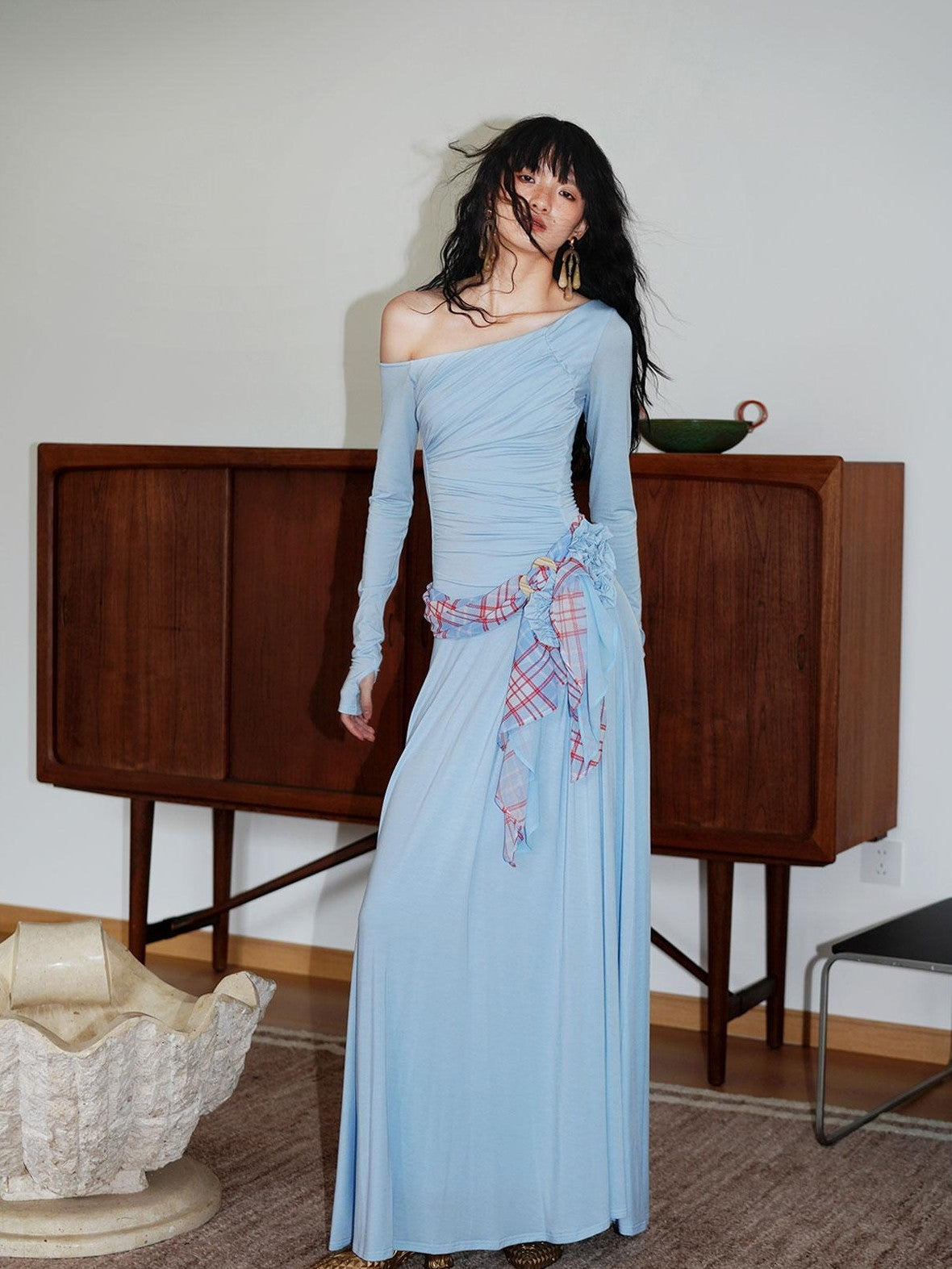 badtaste Western Pleated One Shoulder Removable Knot Women's Lyocell Casual Maxi Dresses